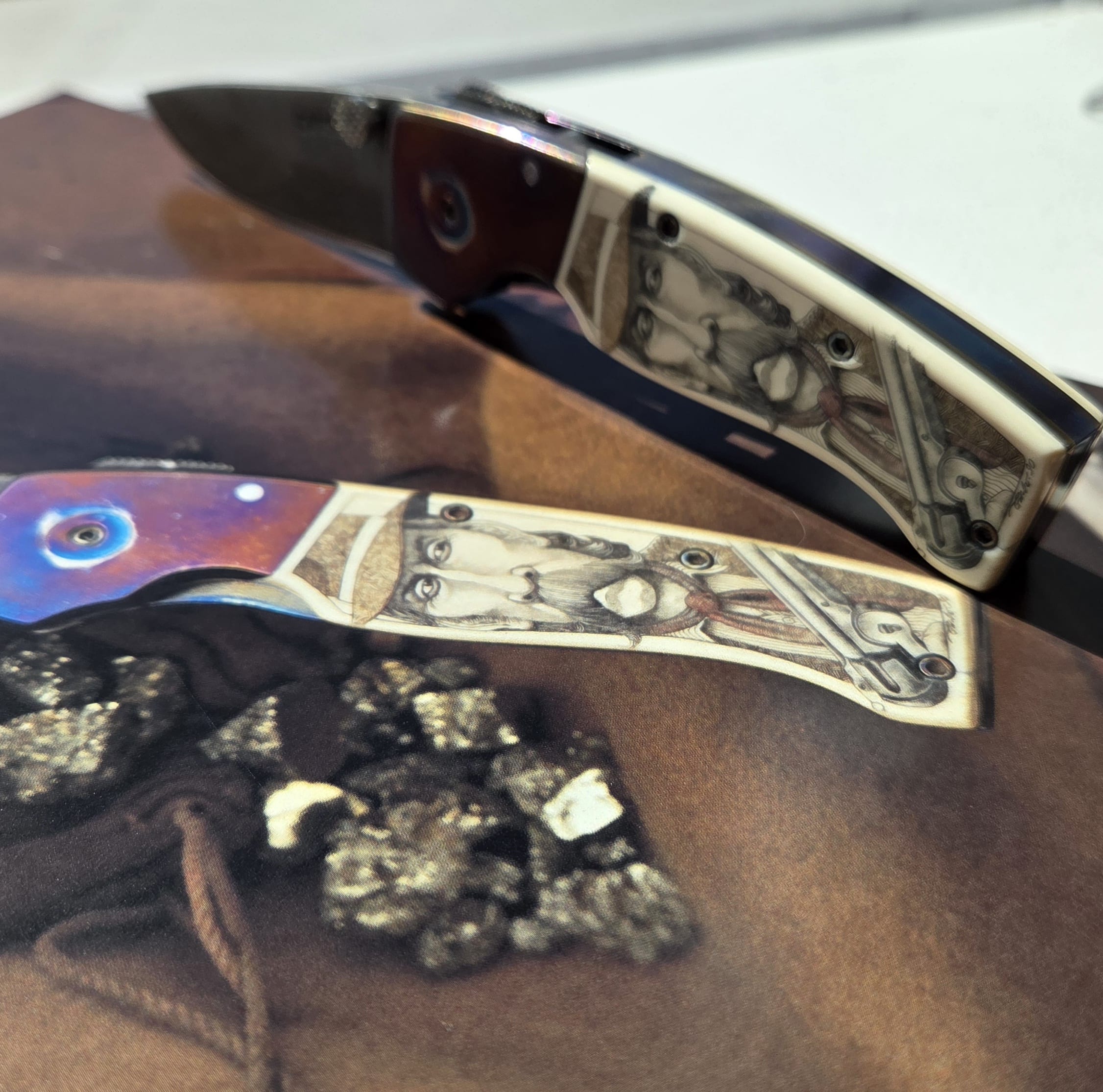 Carson custom knife pictured with Jim Weyer Knives Points of Interest Book IV showing published provenance