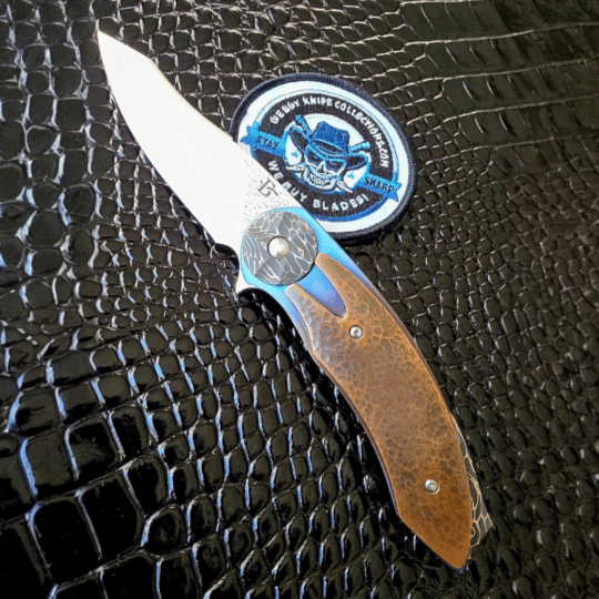 David Broadwell Custom Knife linerlock flipper in bronze and Damascus