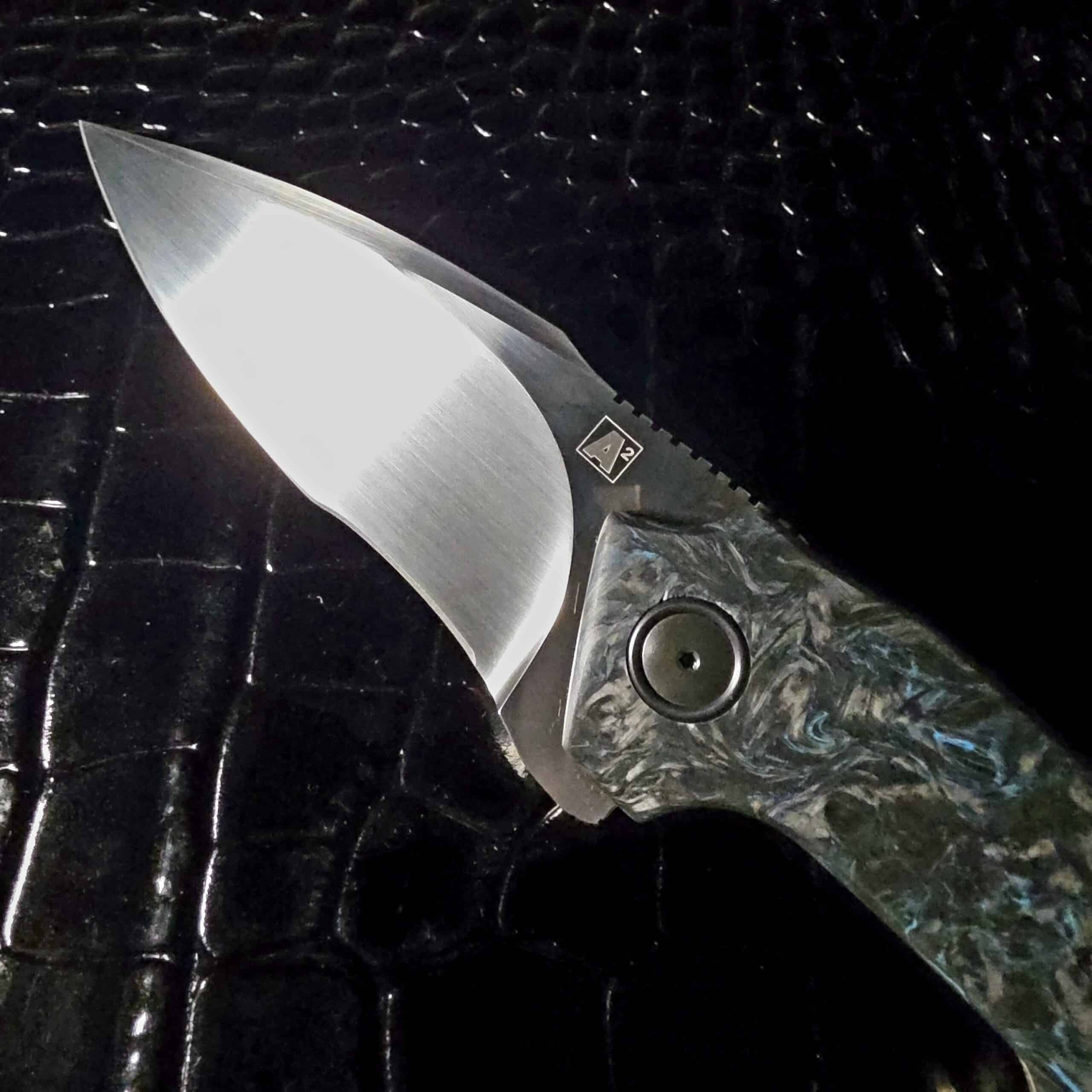 A2 Knives A6R Flipper M390 blade close-up in satin finish