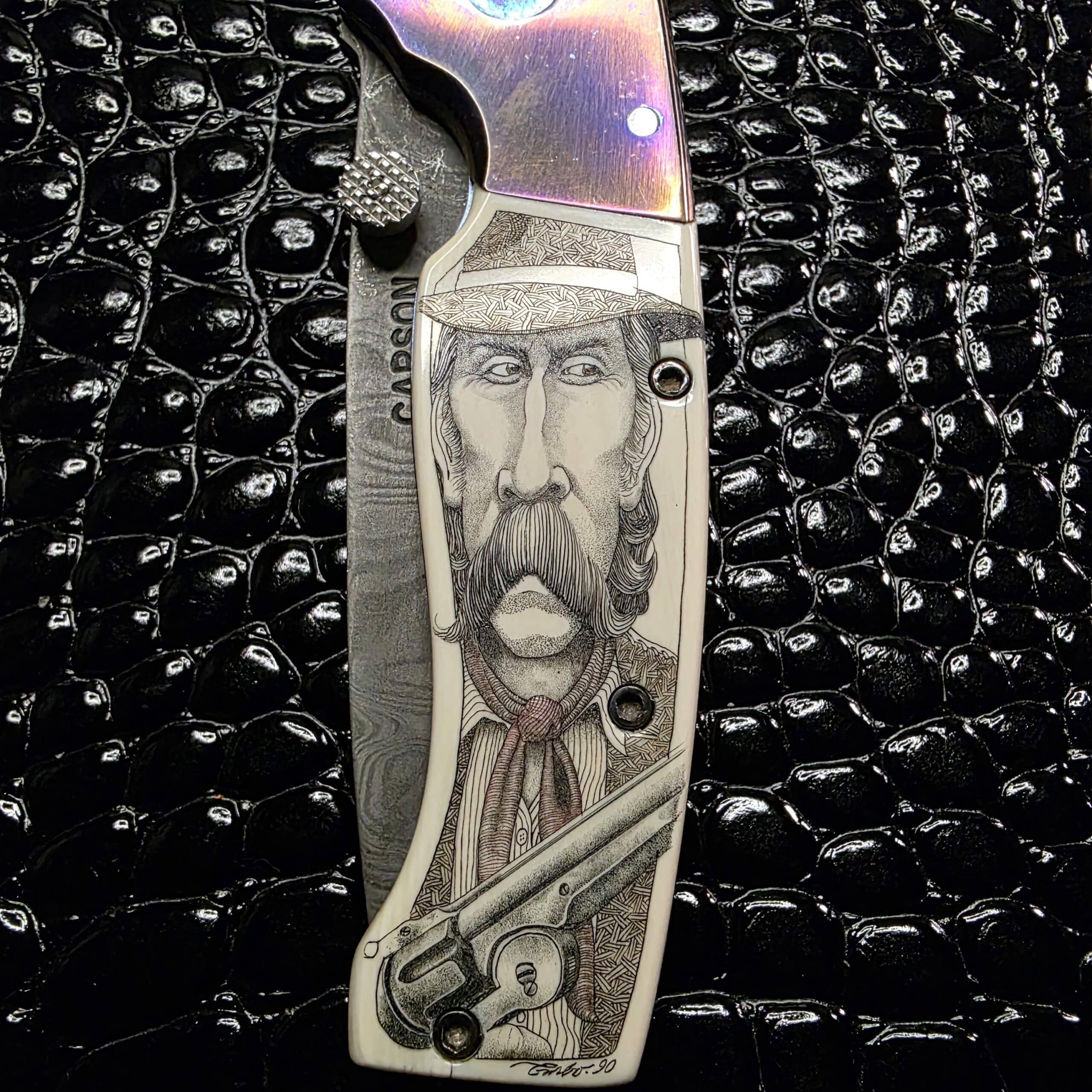 Garbo 1990 color scrimshaw western portrait on dovetailed ivory scales of Kit Carson knife