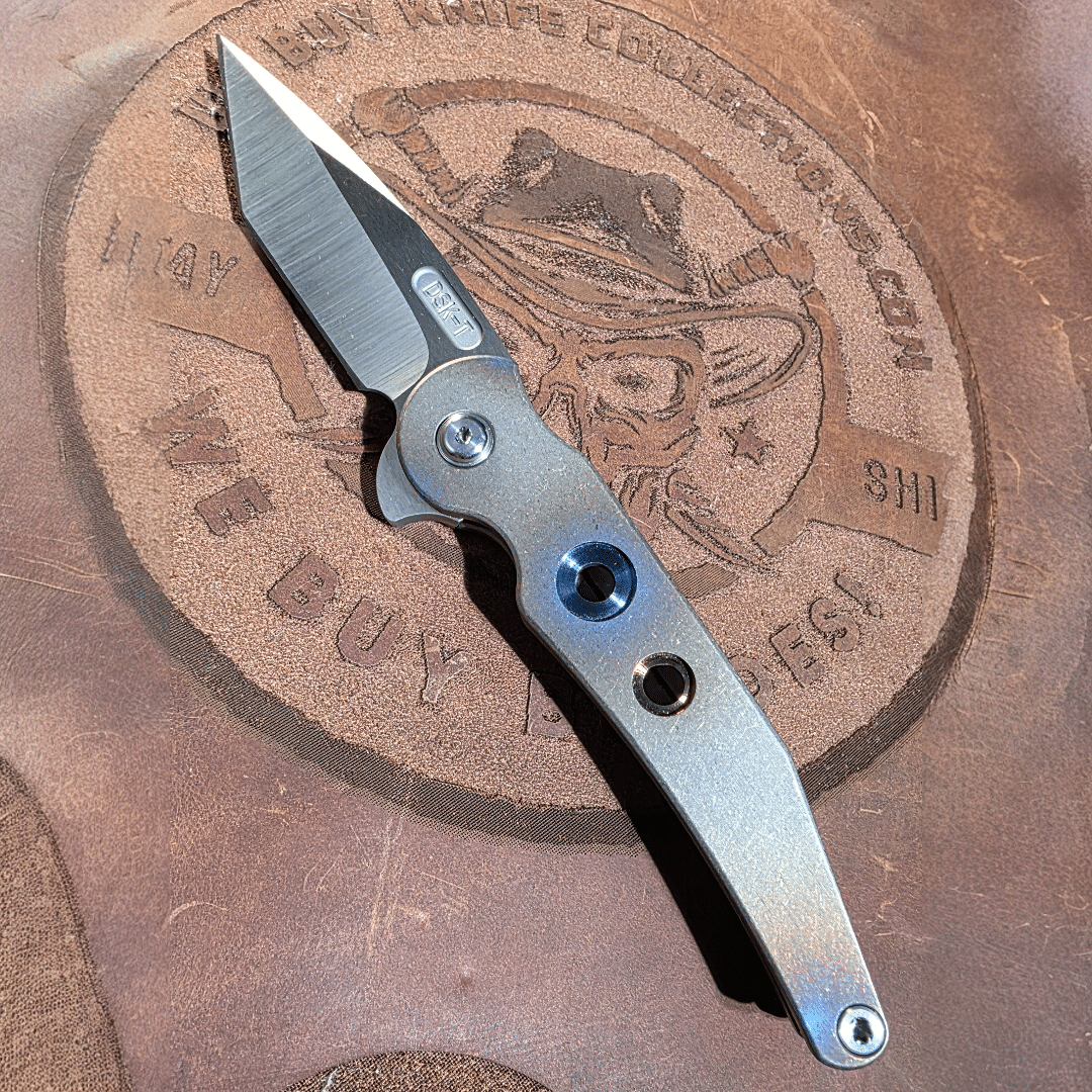 DSK Tactical Prick custom folding knife with CPM 154 blade and raw two-tone titanium handle