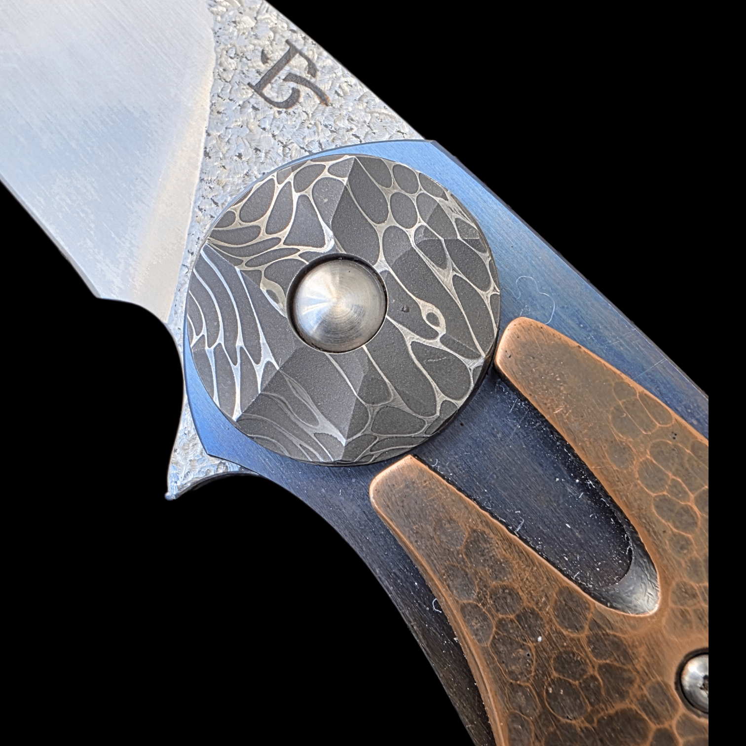 Close-up of Damascus blade on David Broadwell Custom Knife