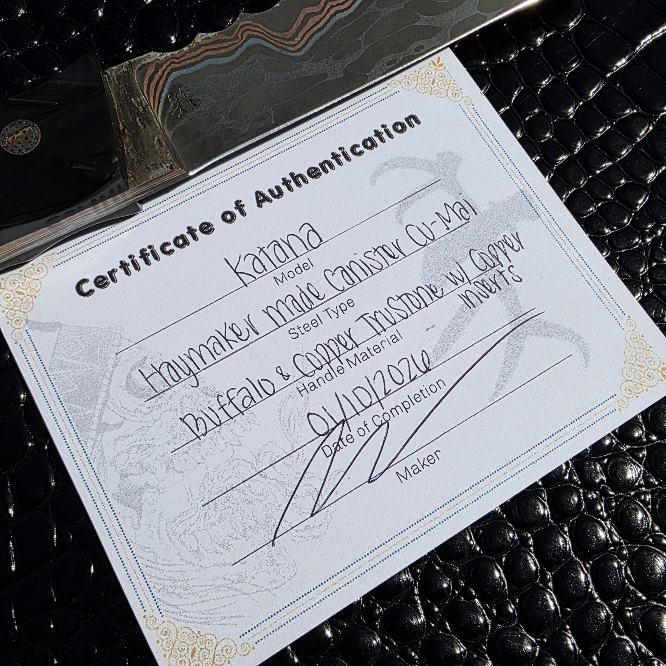 Certificate of Authenticity for Haymaker Customs Katana Fixed Blade