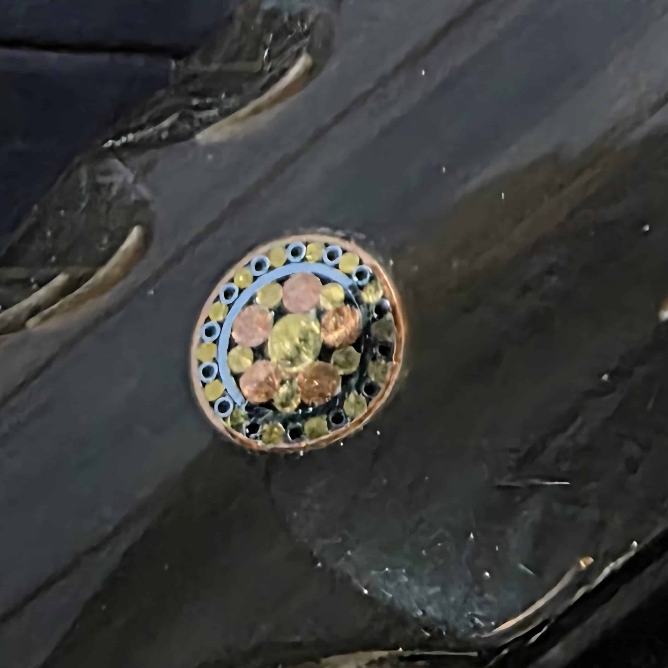 Mosaic pins detail on Haymaker Customs Katana Fixed Blade handle