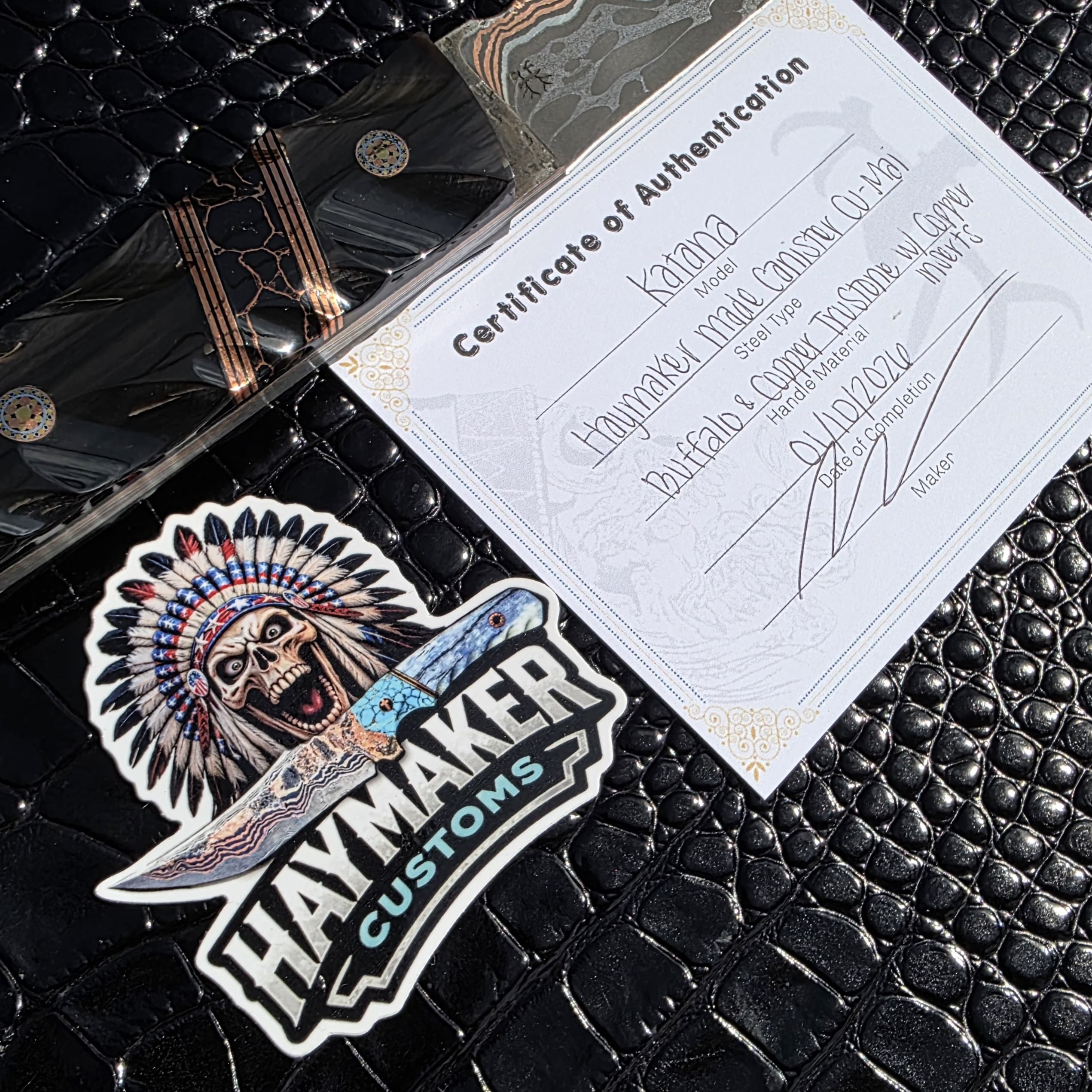 Haymaker Customs Katana Fixed Blade provenance image with accompanying maker-related presentation