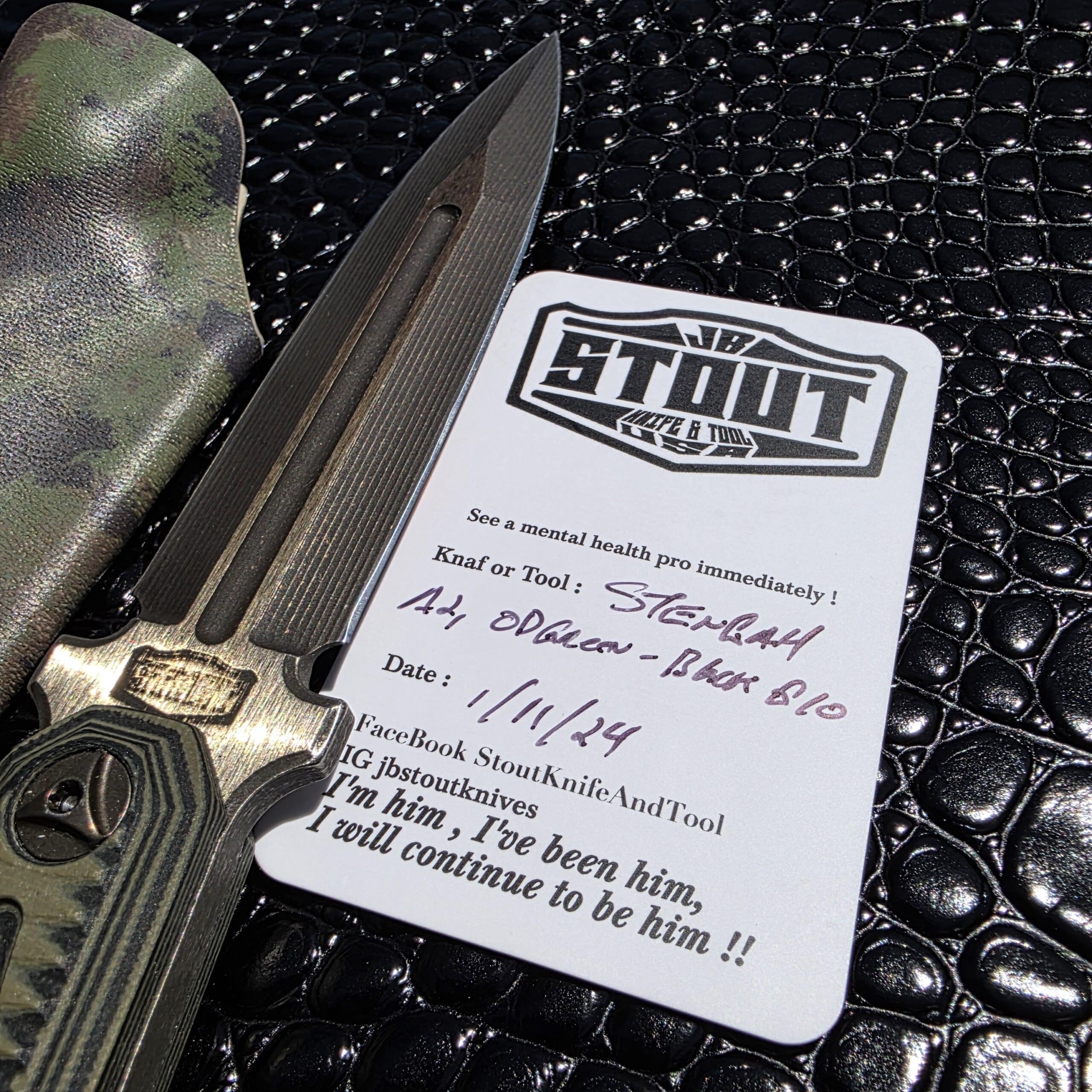 JB Stout Maker's Certificate of Authenticity (COA) for the Stengah Dagger.