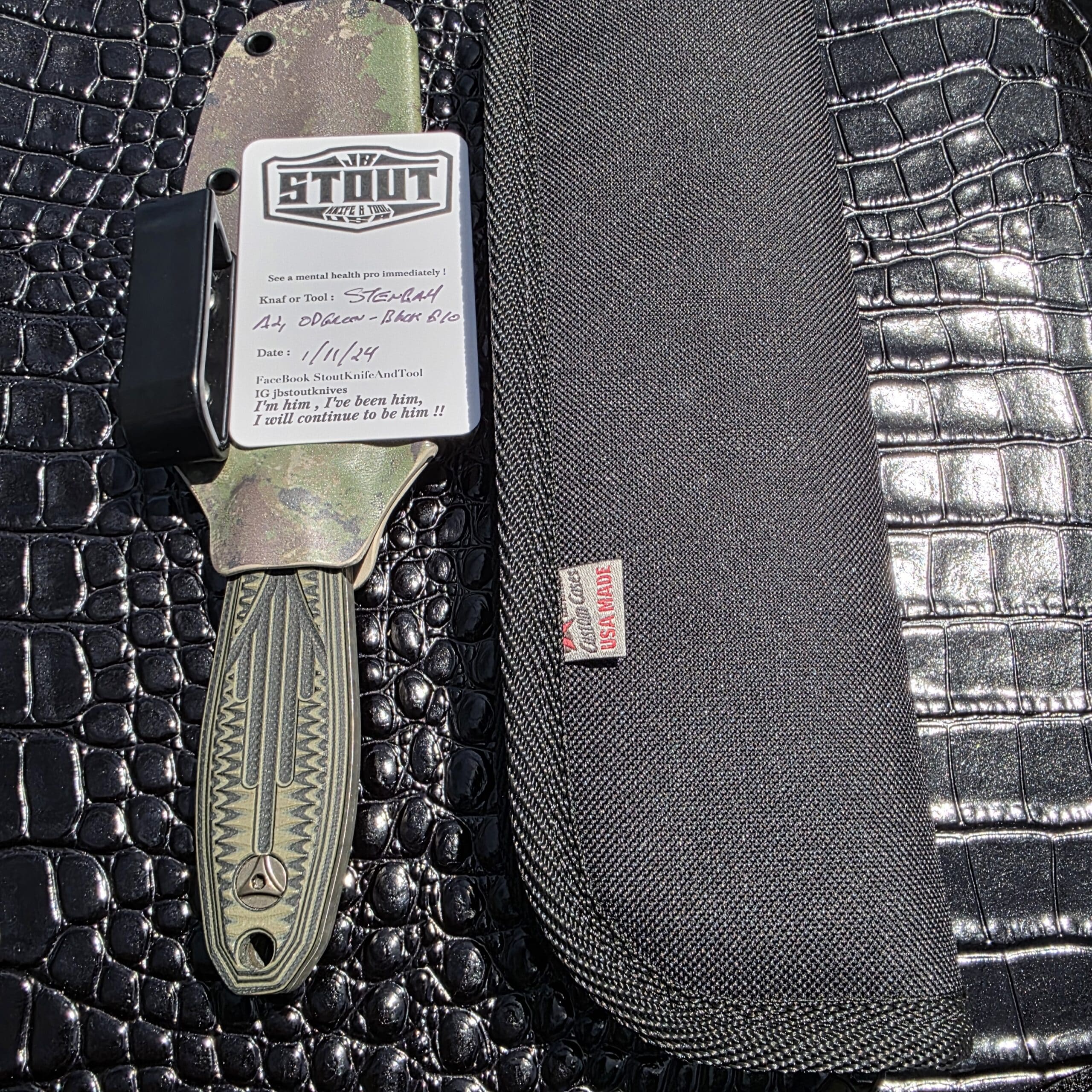 Custom OD green Kydex sheath with black assembly rivets for a JB Stout dagger.