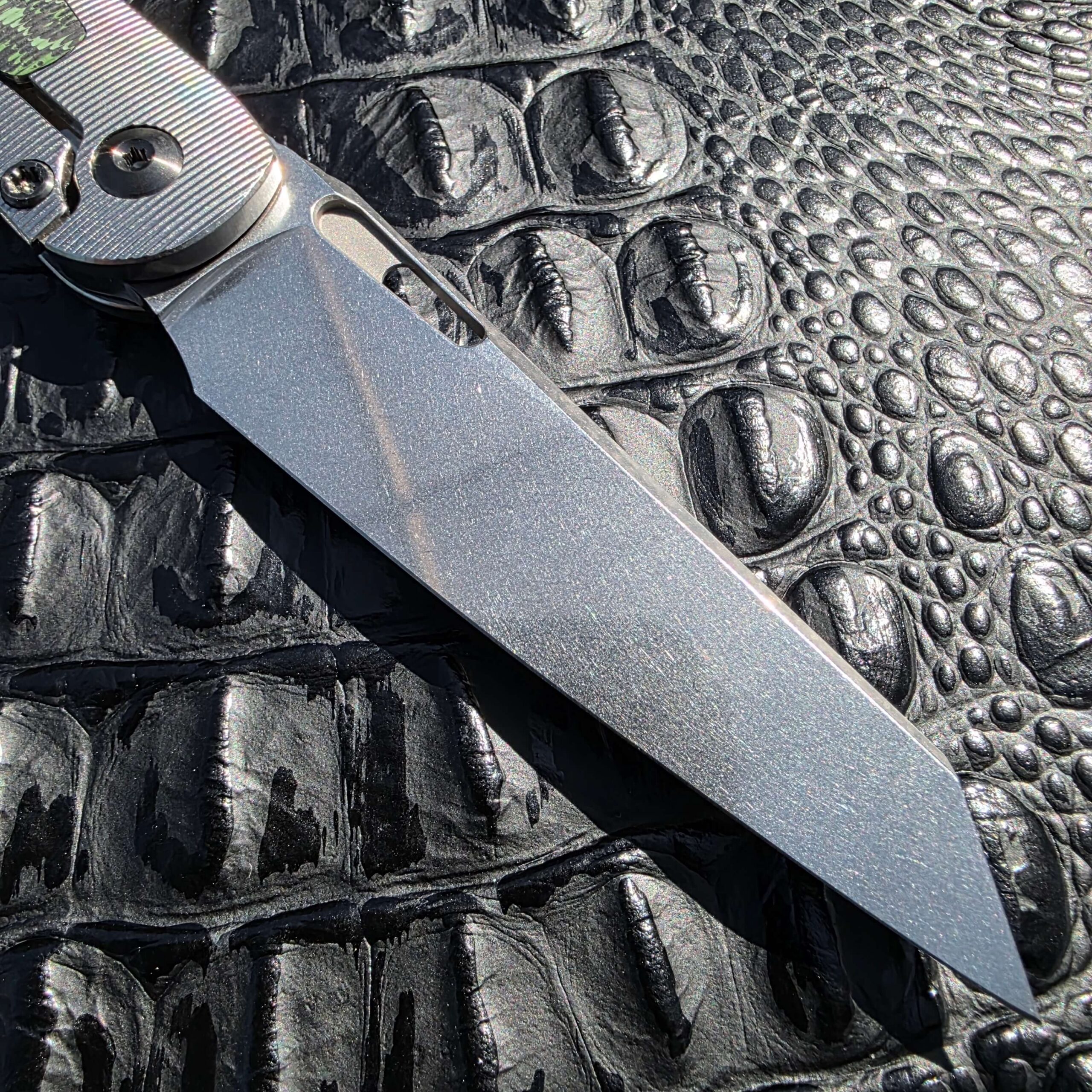 Close-up of stonewashed CPM-154 blade on Brown Knives Cortex V2 #329