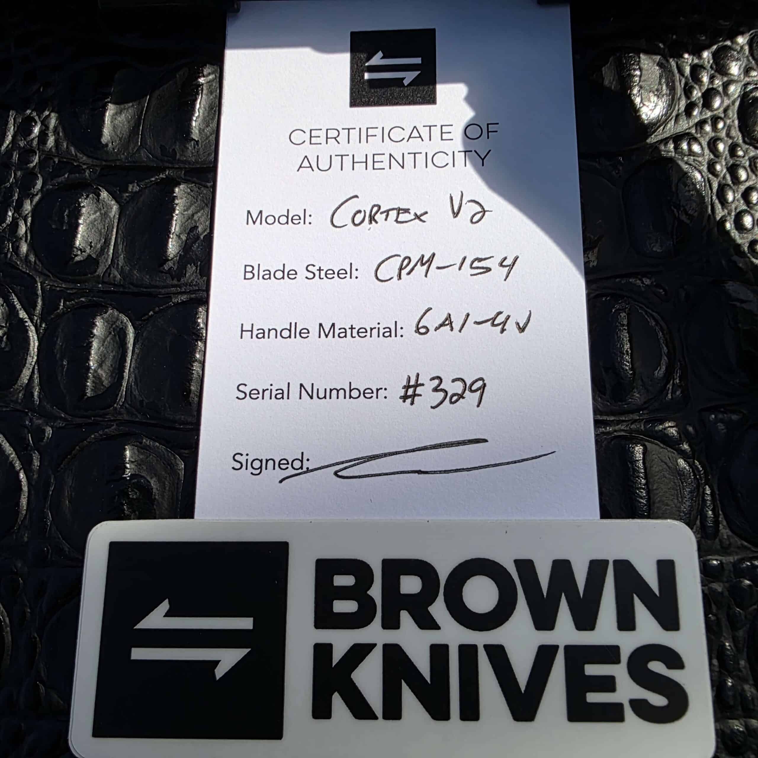 Certificate of Authenticity for Brown Knives Cortex V2 #329