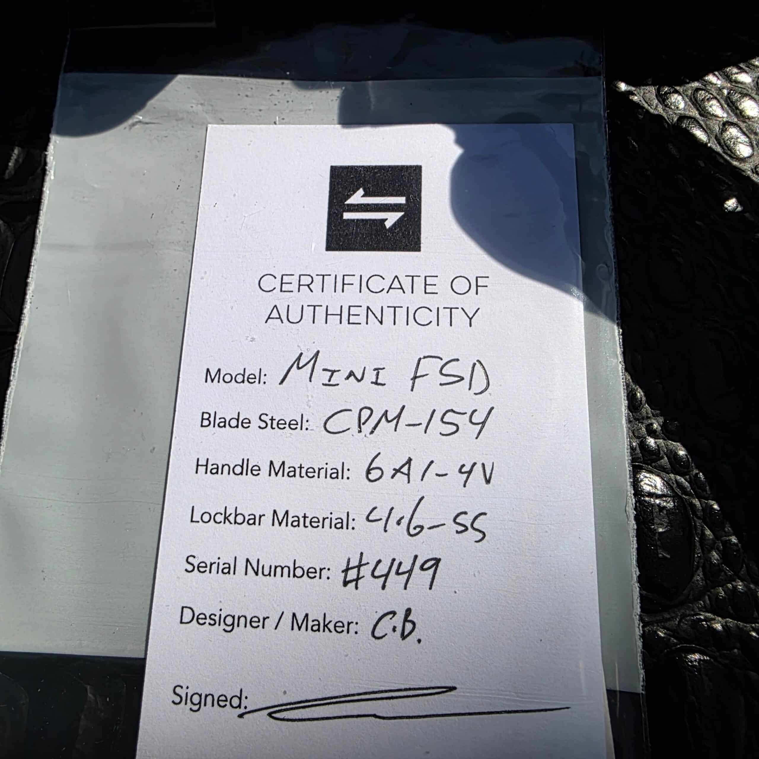 Certificate of Authenticity for Brown Knives Mini FSD #449
