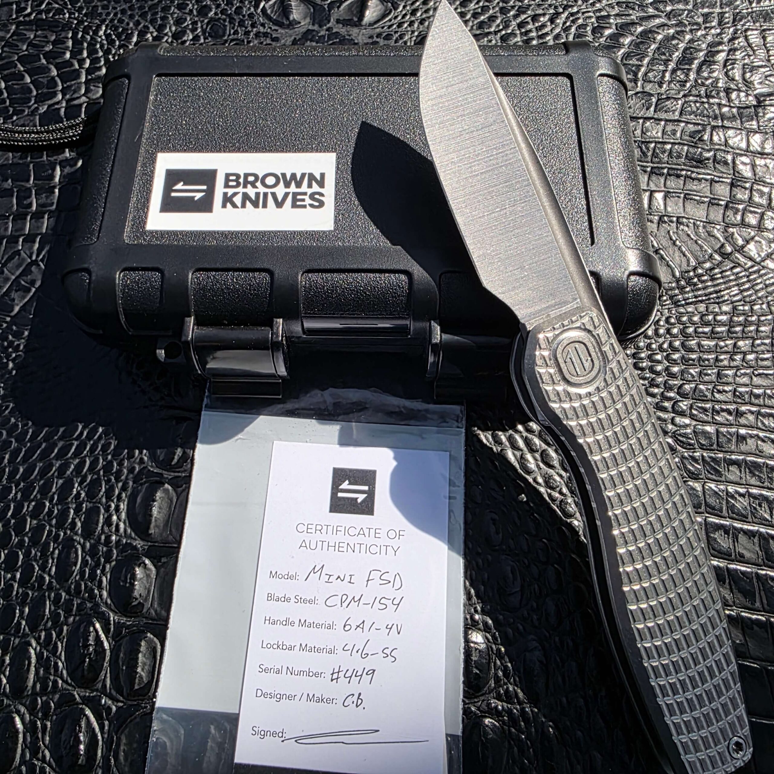 Provenance photo for Brown Knives Mini FSD #449 with hard case and certificate of authenticity