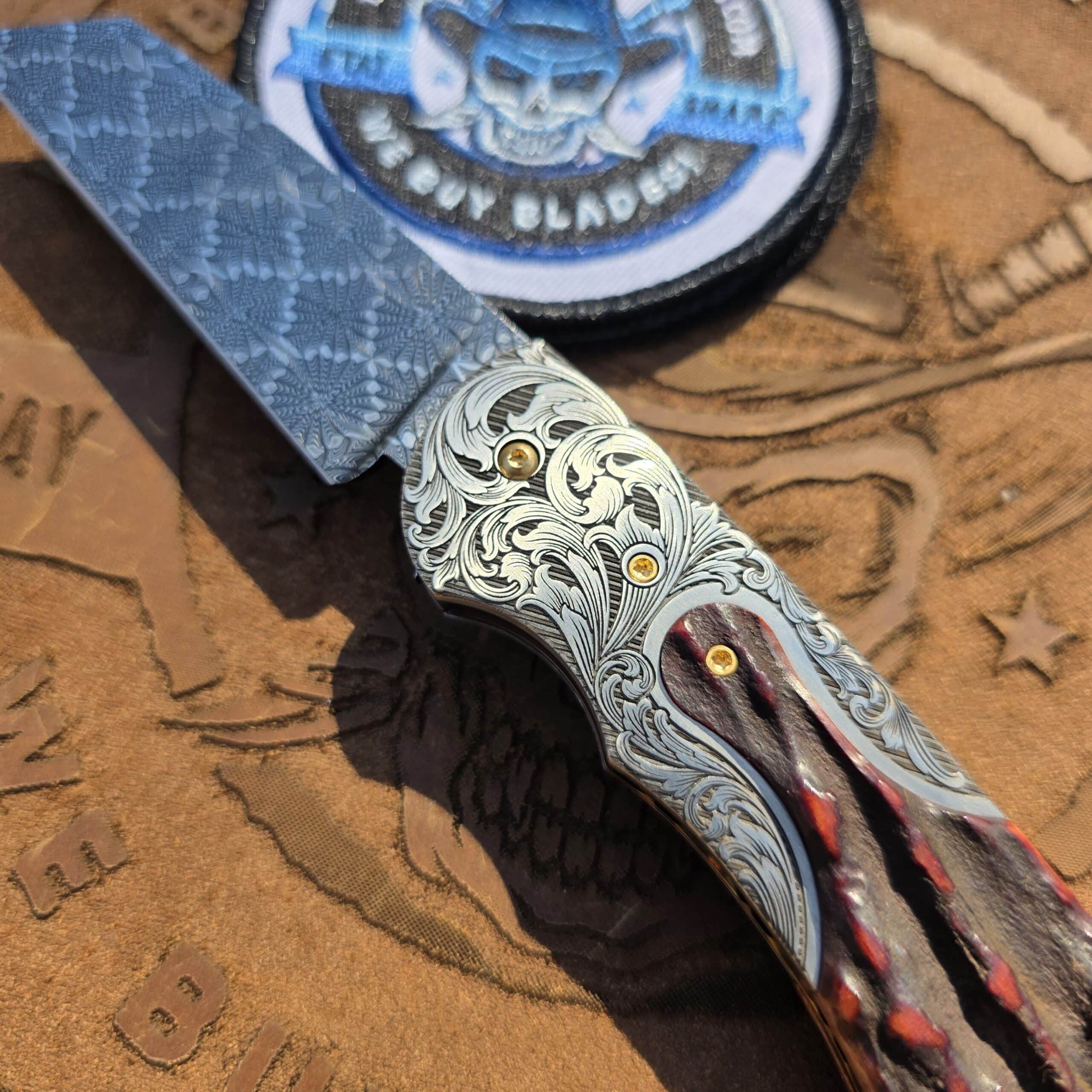 Engraved stainless steel bolster detail on Curt Zimmerman Ranch Hand