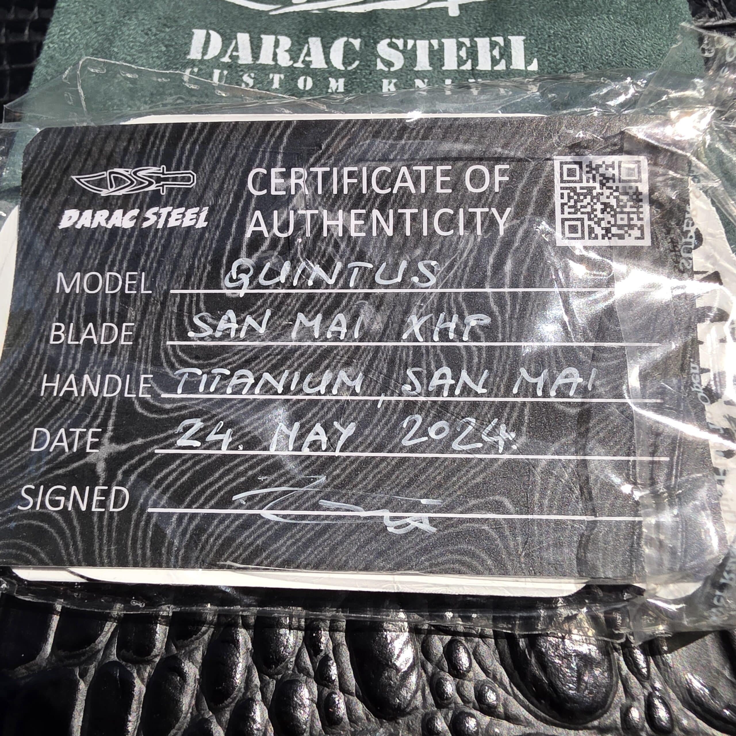 Certificate of authenticity for the Darac Steel Quintus custom knife