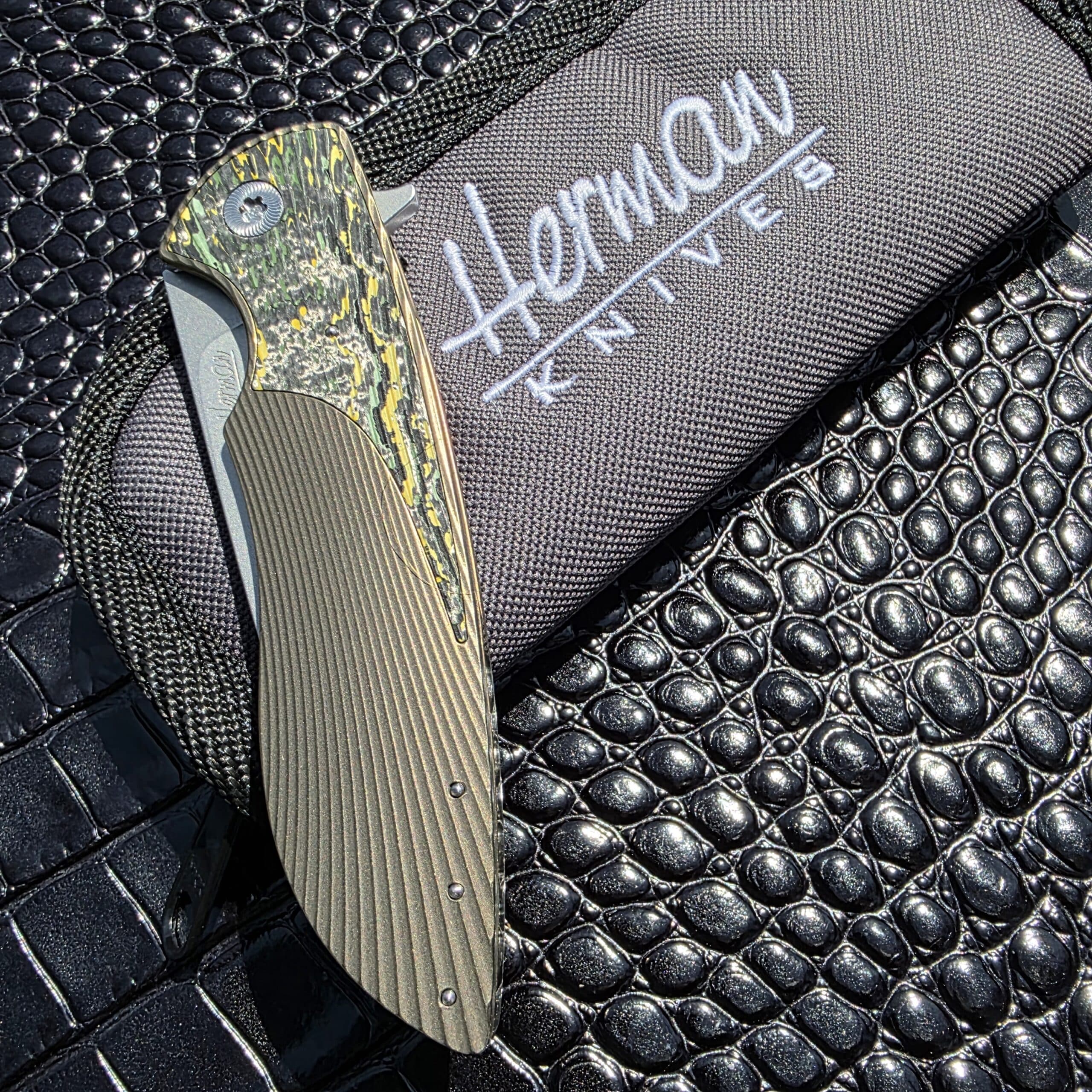 Original zippered case included with Herman Knives Sting Flipper