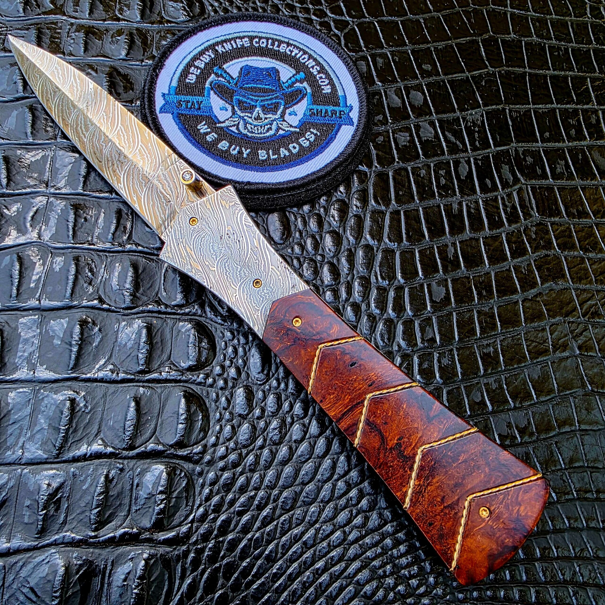 Bill Coffey Custom Folding Dagger with Damascus blade and desert ironwood handle
