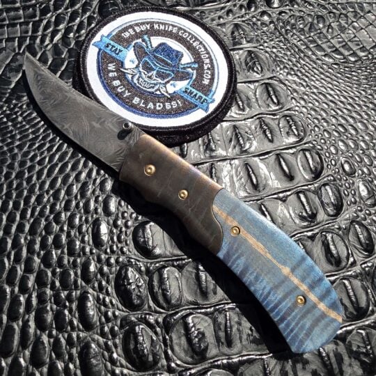 Bill Poor Custom Knife with mosaic Damascus blade and blue figured handle