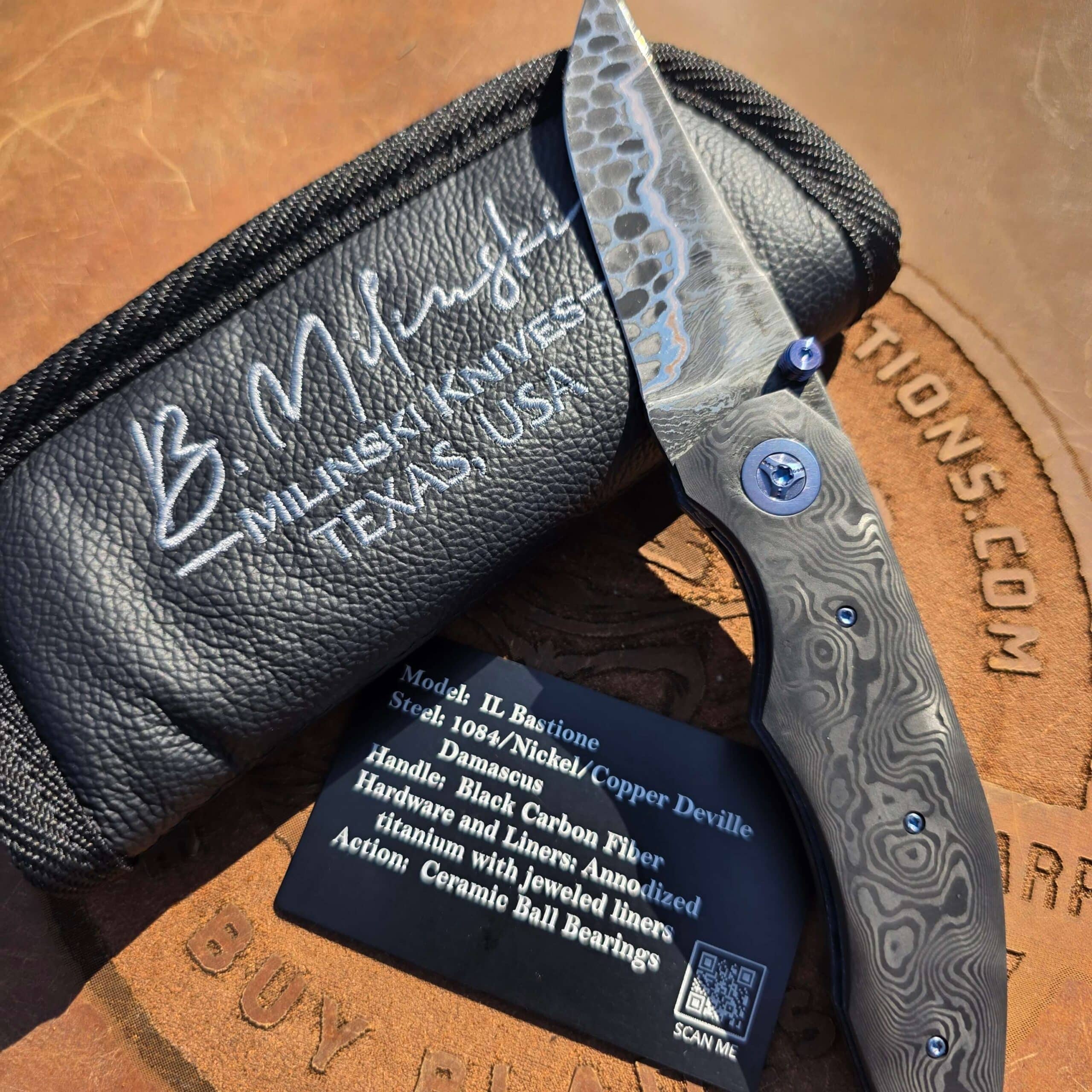 Brian Milinski Il Bastione maker card with Deville Damascus and black carbon fiber details