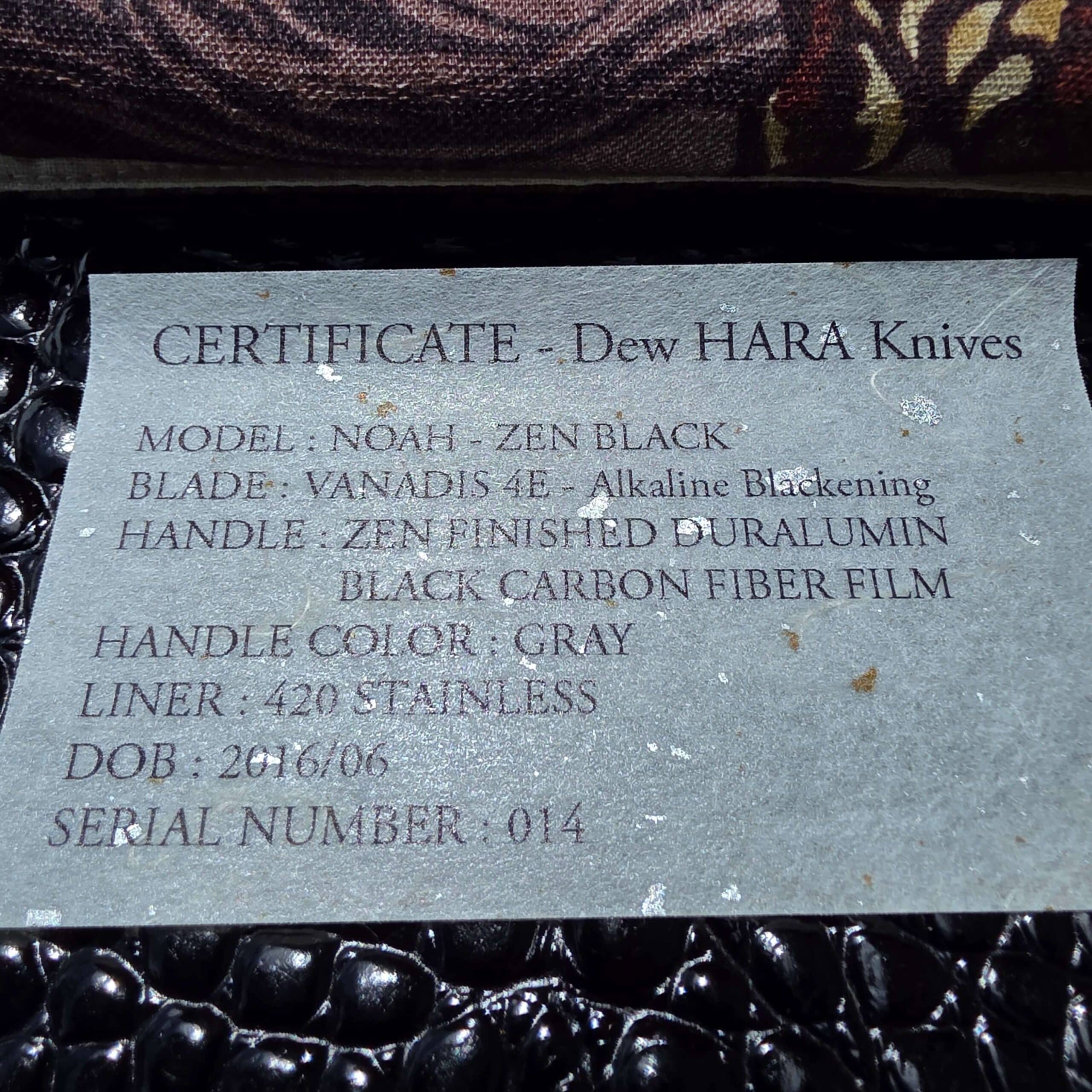 Dew Hara NOAH-ZEN DH-20B Certificate of Authenticity Serial 014