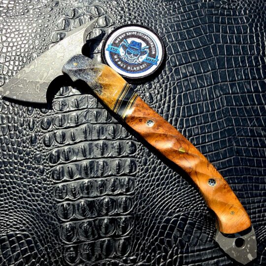 Half Face Blades Bleeding Heart Hawk with dyed giraffe bone and teak handle