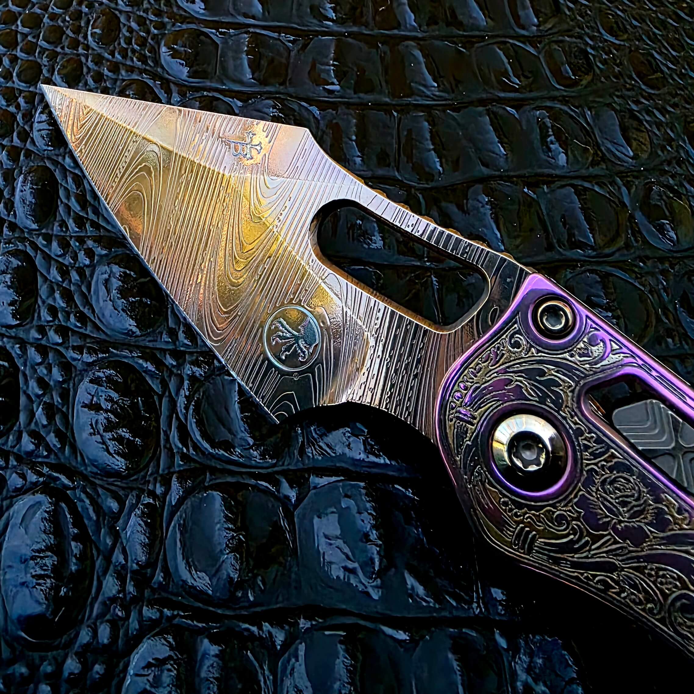 Acid etched blade on customized Microtech Stitch Signature Series
