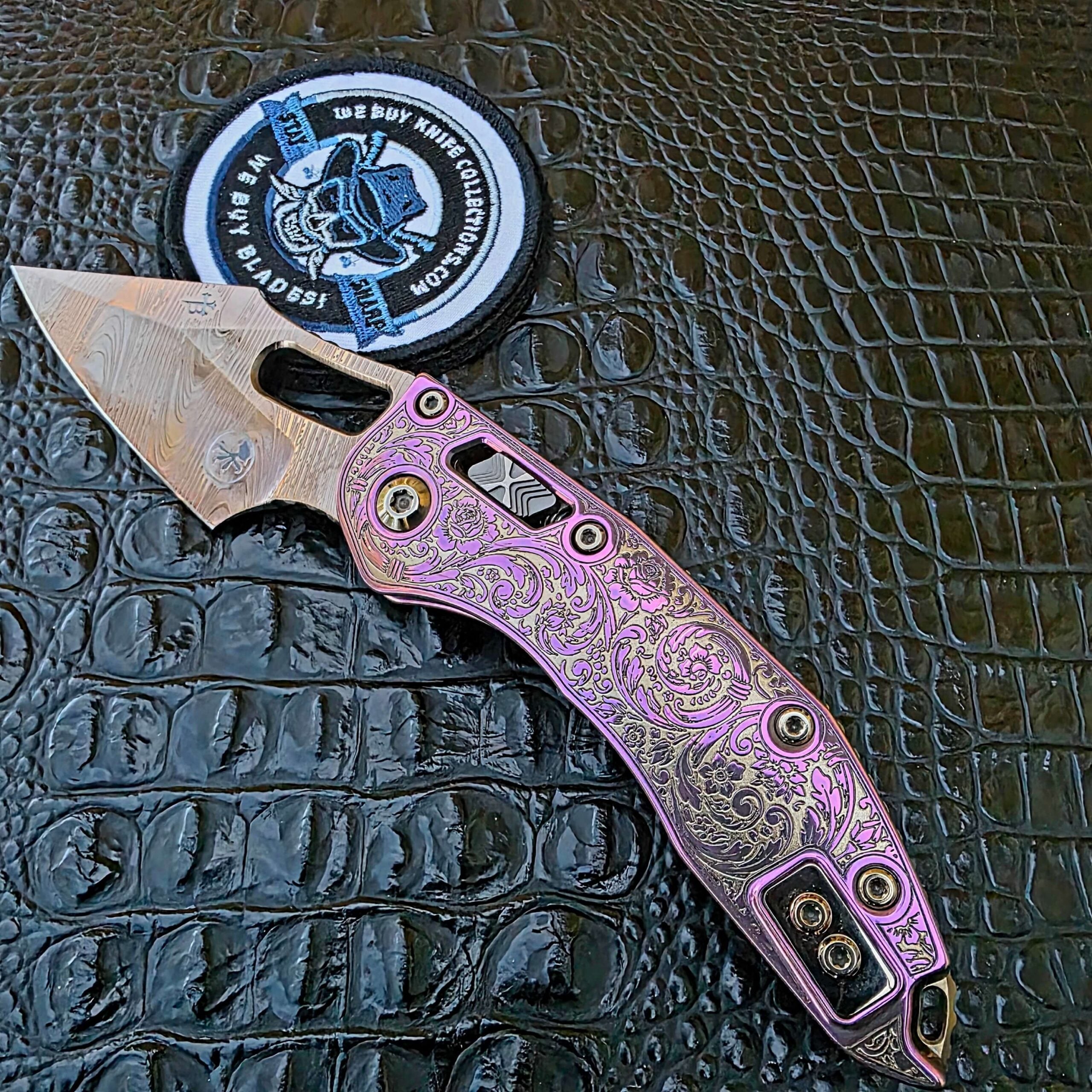 Microtech Stitch customized by Todd Smith with engraved handle and acid etched blade