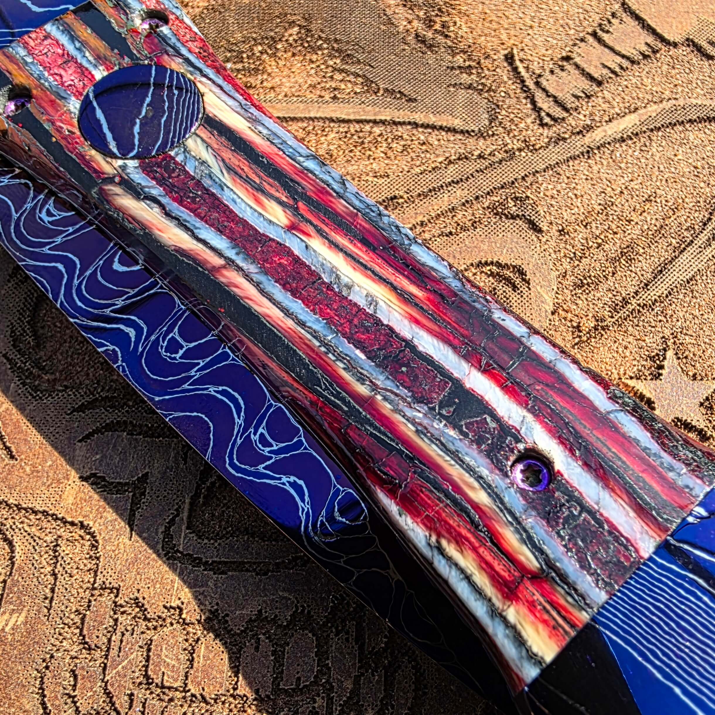 Red Mammoth Molar handle on Rainy Vallotton Mace custom automatic