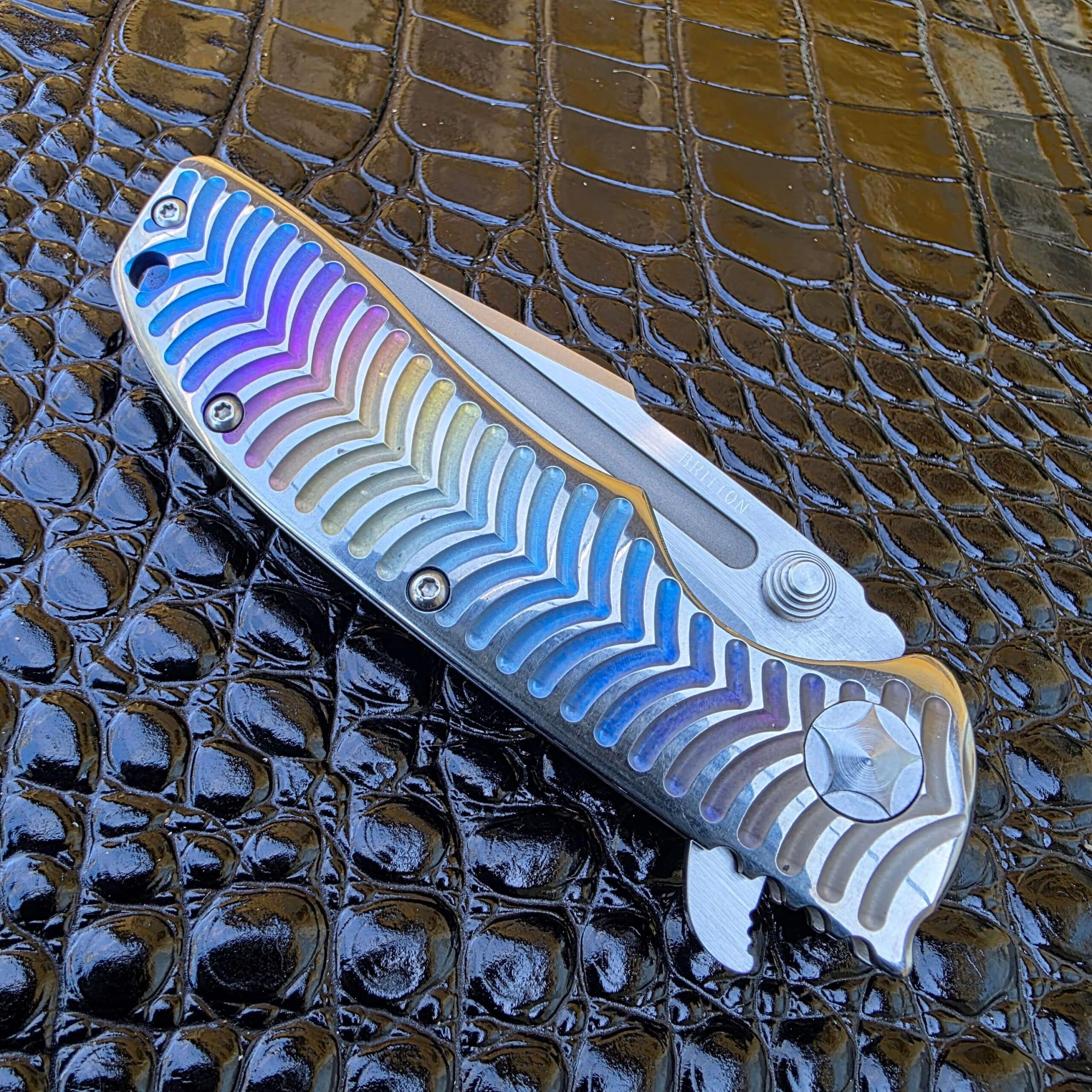 Closed show-side view of Tim Britton Custom T-10 anodized titanium handle