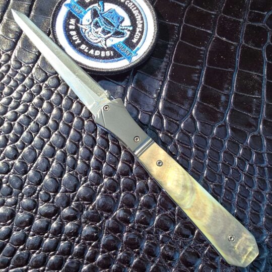 Chuck Gedraitis Custom Knives Folding Dagger with San Mai Damascus blade and black lip pearl scales