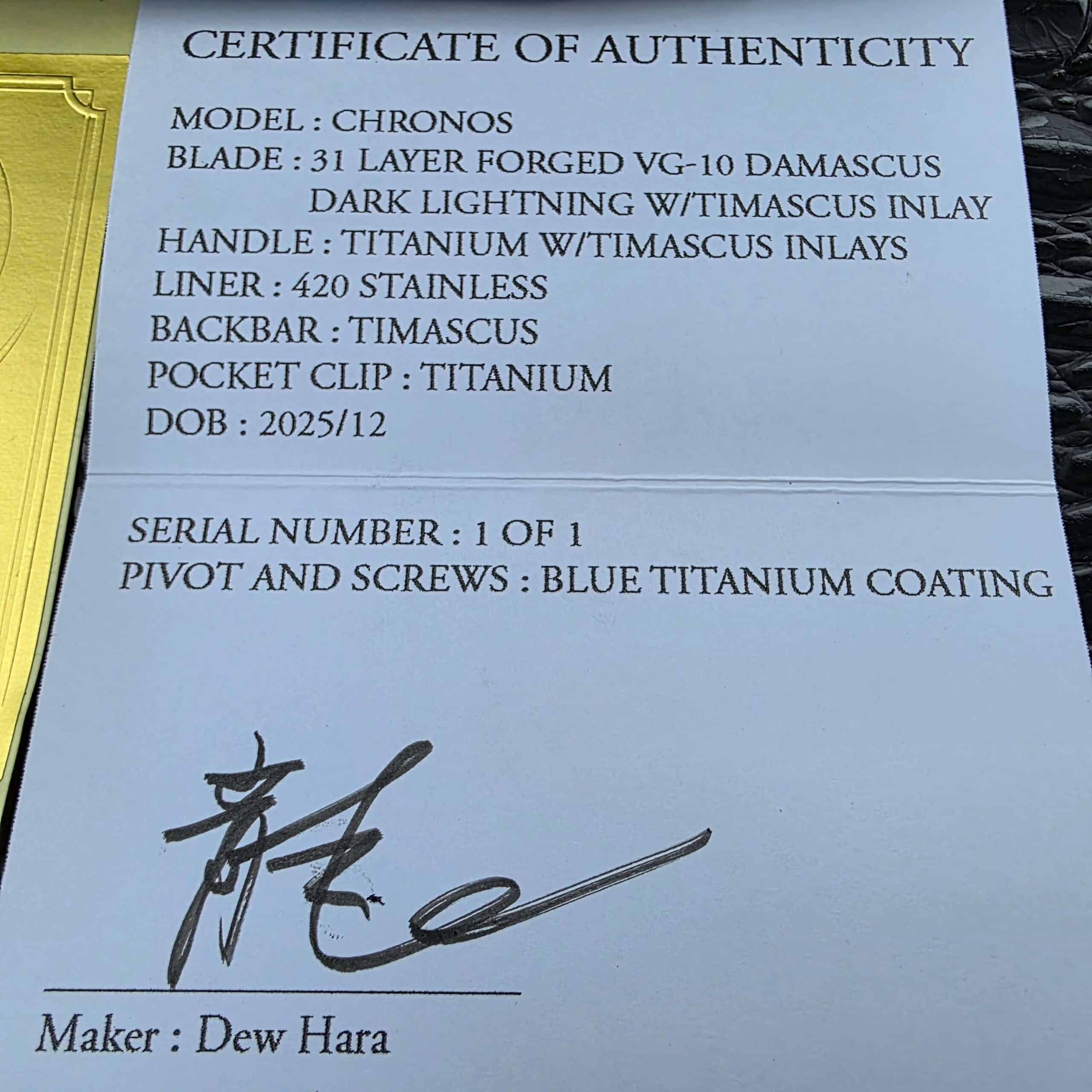 Dew Hara CHRONOS Dark Lightning COA close-up