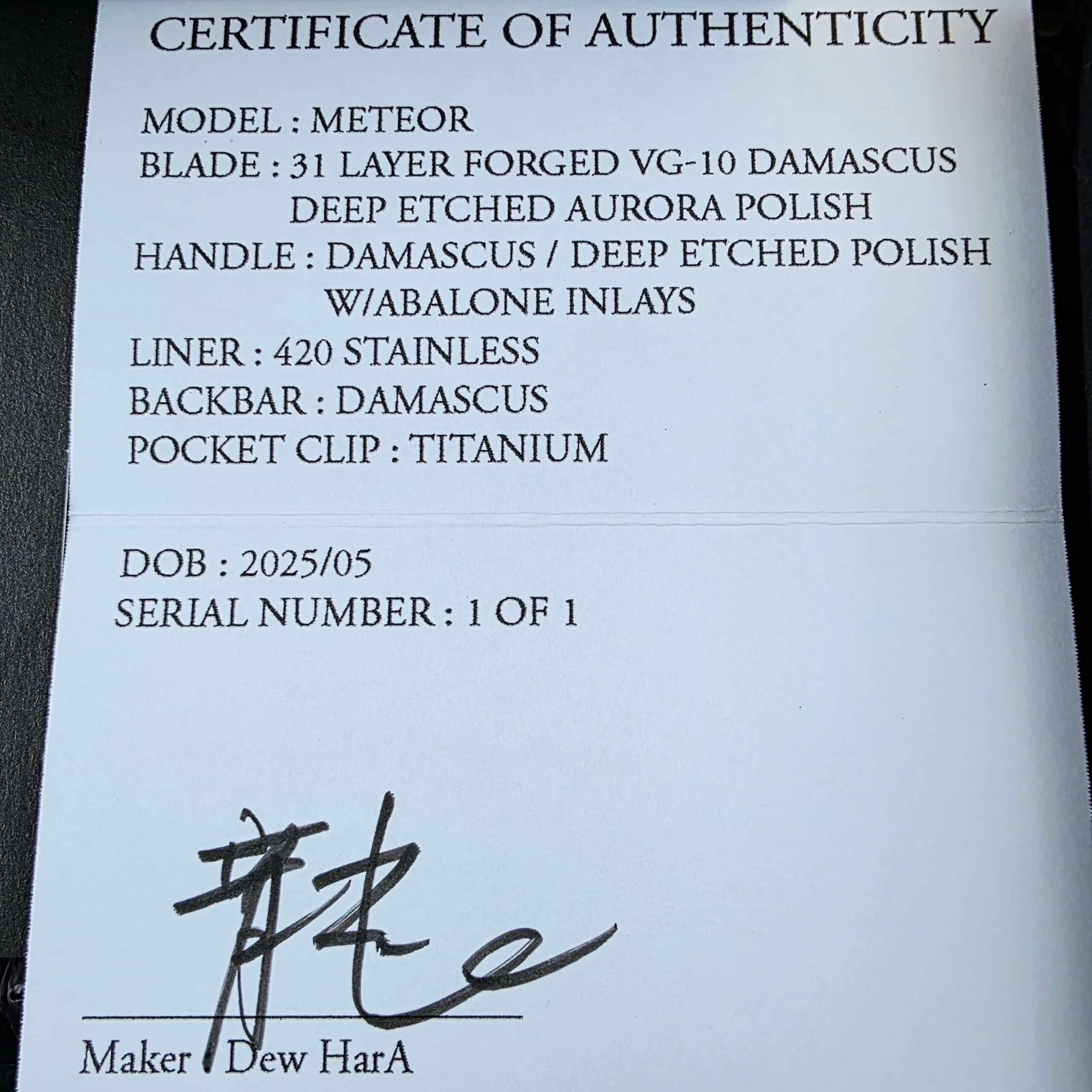 Dew Hara Custom METEOR COA close-up