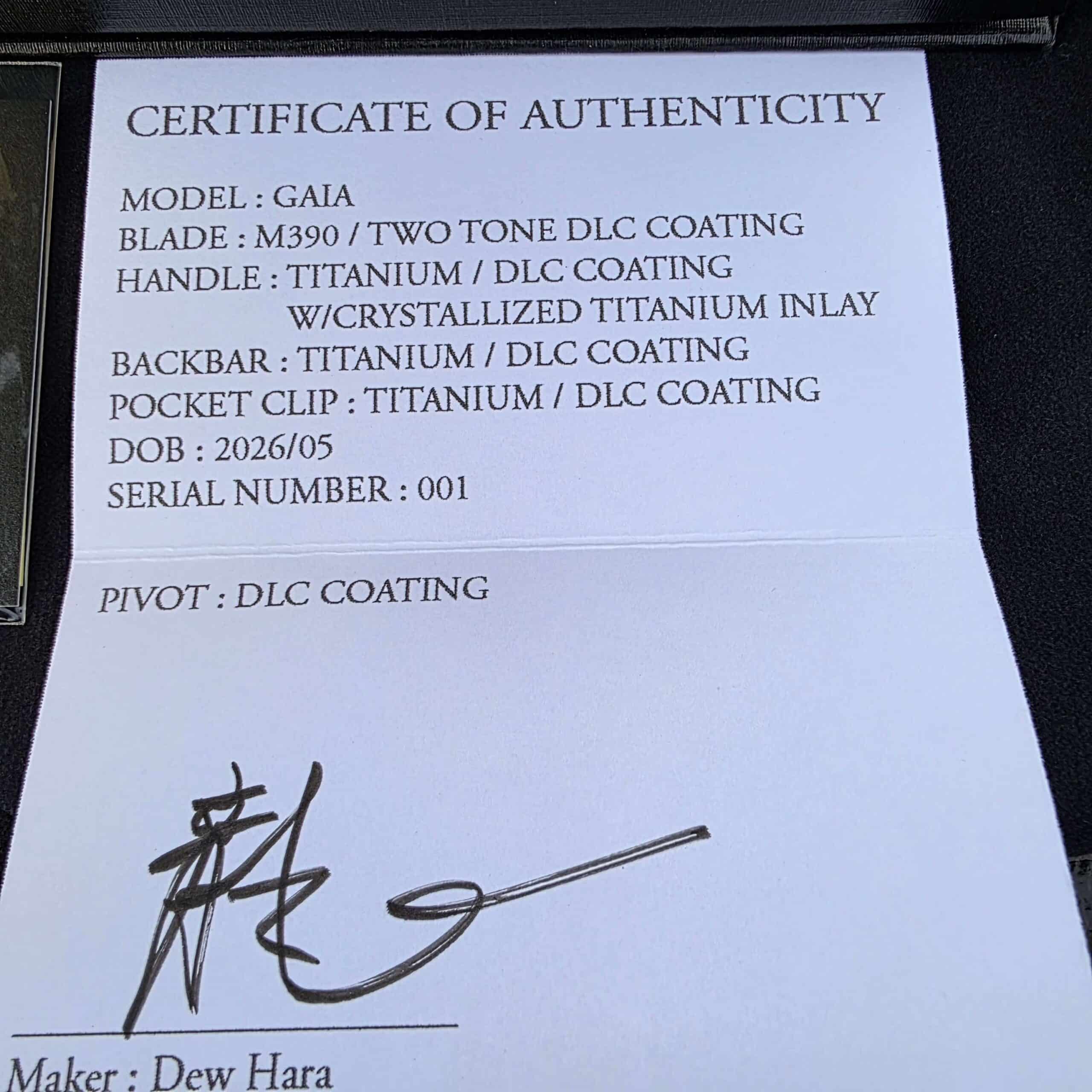 Dew Hara GAIA Serial 001 Certificate of Authenticity