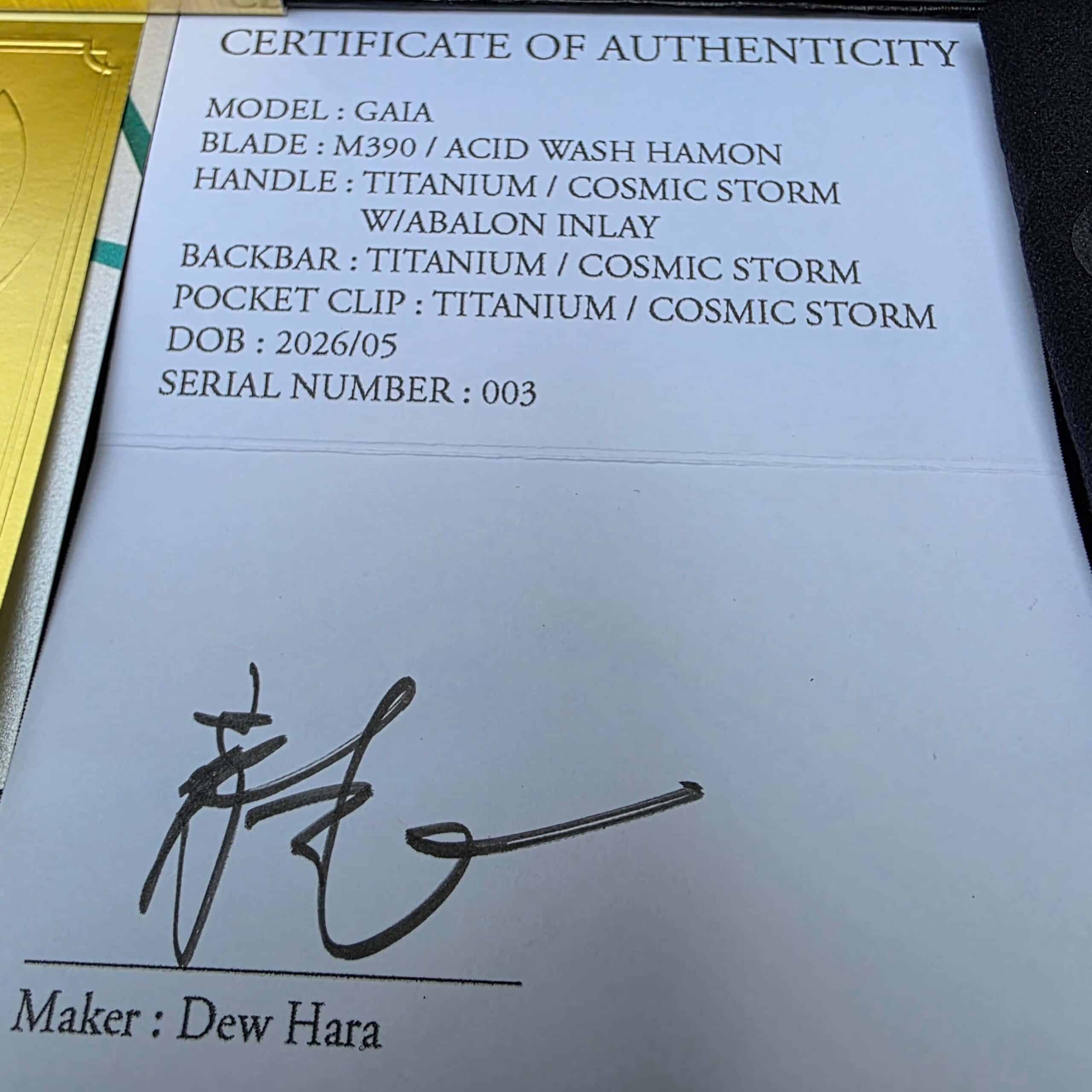 Dew Hara GAIA Serial 003 Certificate of Authenticity
