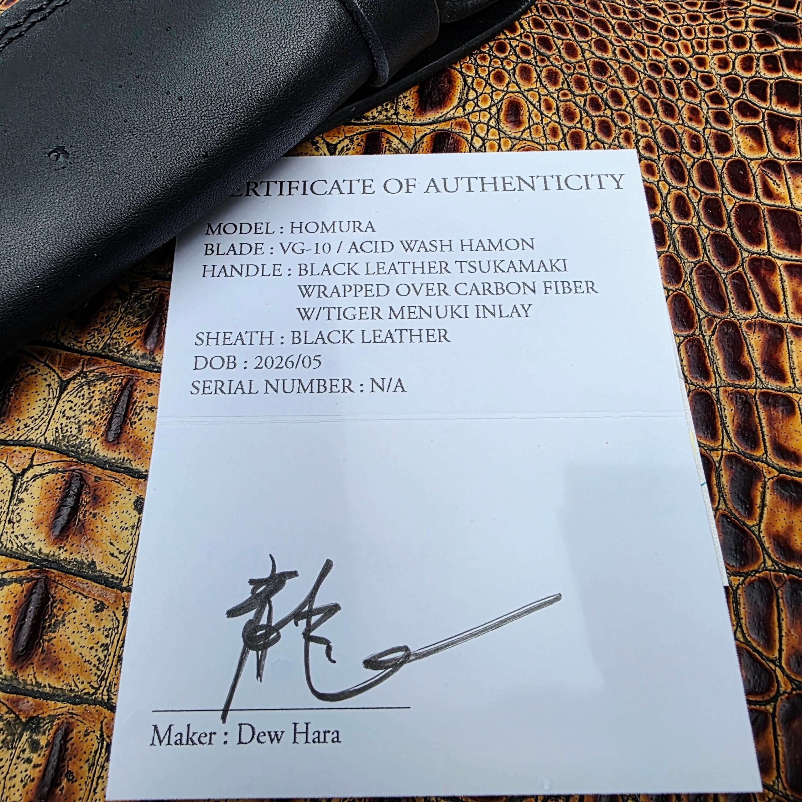 Dew Hara HOMURA Certificate of Authenticity