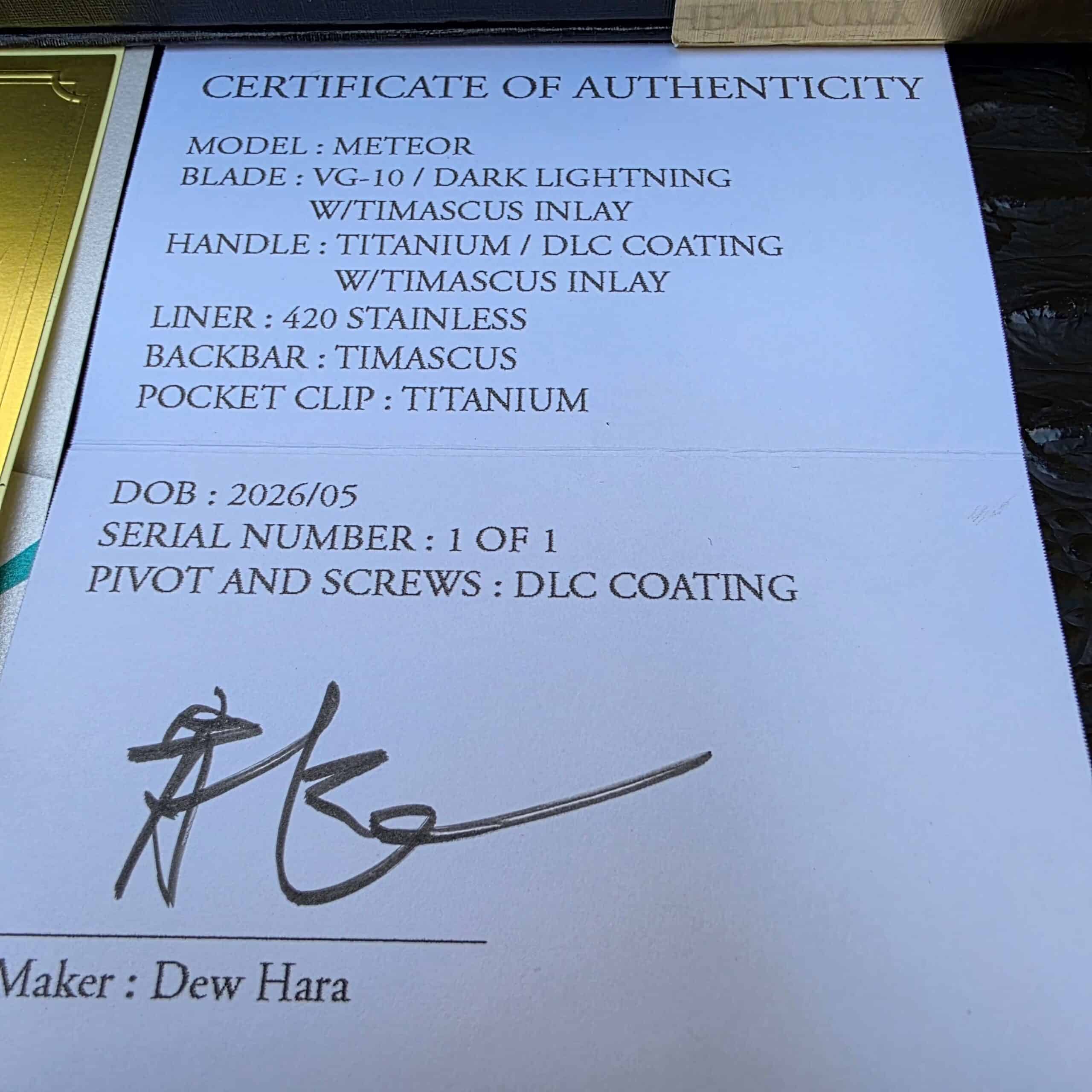 Dew Hara METEOR Dark Lightning COA close-up