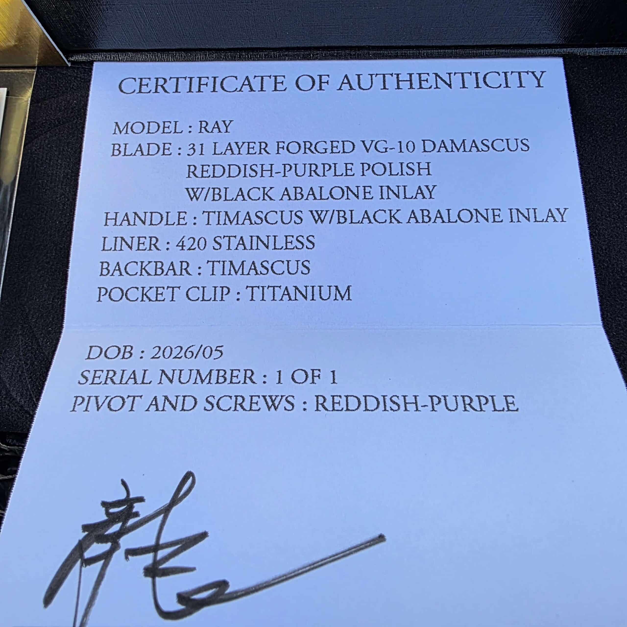 Dew Hara RAY Black Abalone COA close-up Serial 1 of 1