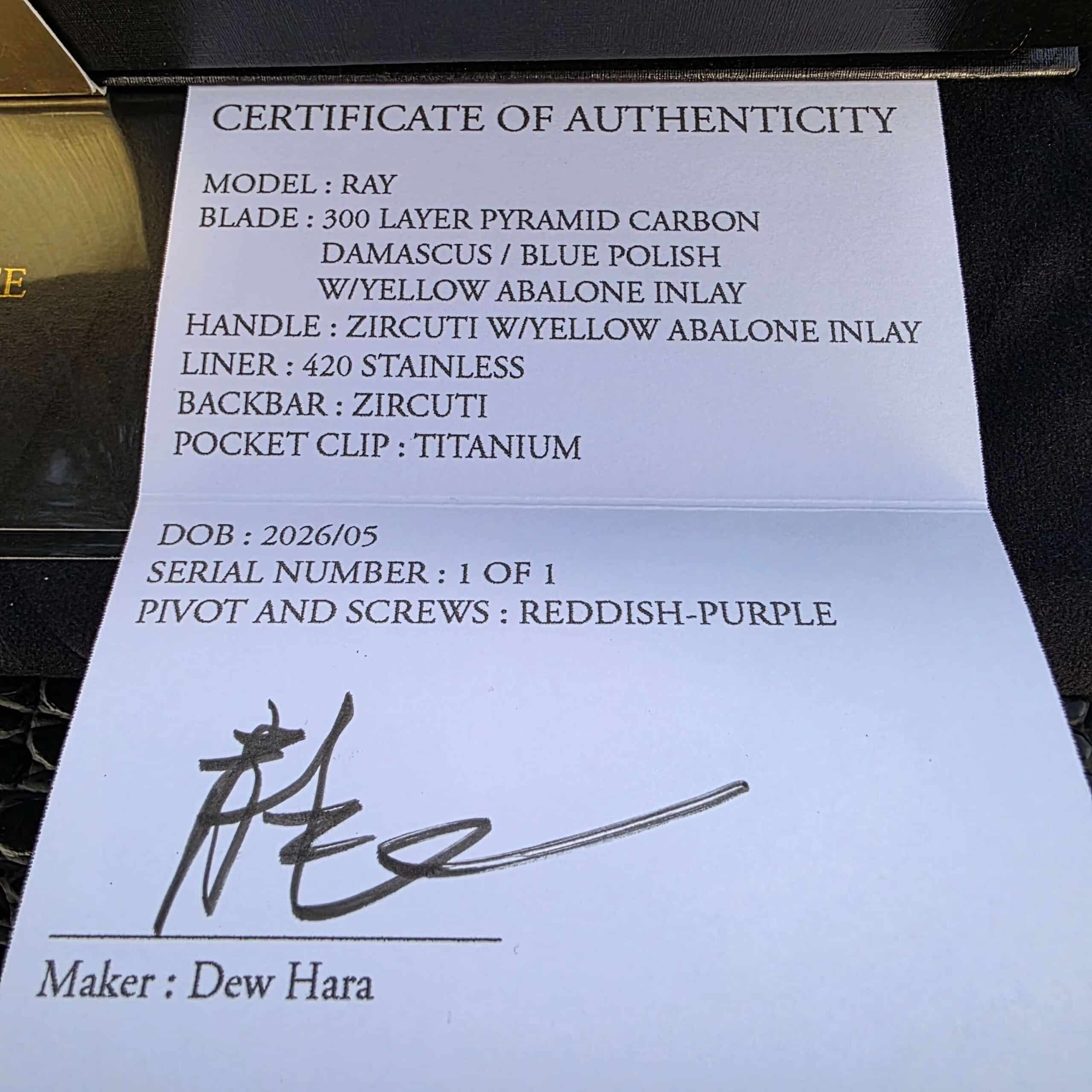 Dew Hara RAY Pyramid Damascus Certificate of Authenticit