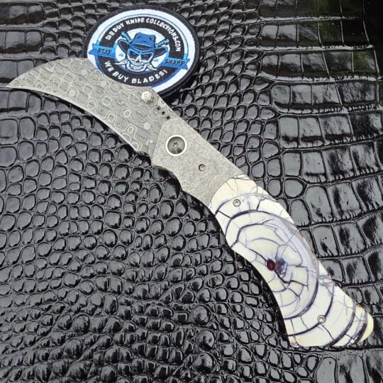 KC Gray Custom Knives Archaeopteryx with Sun Storm Damascus and cross-cut mammoth tusk