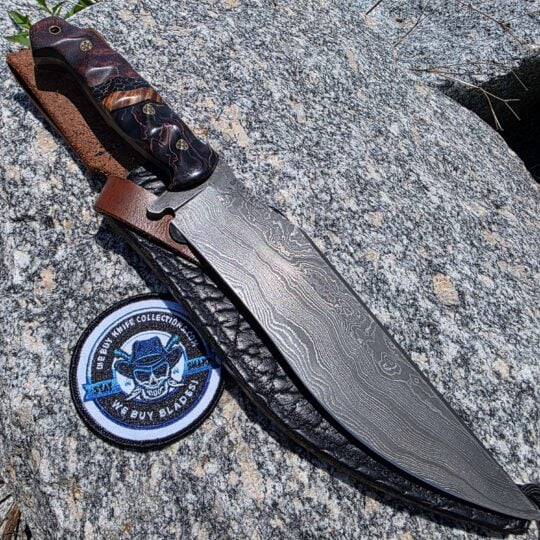 Half Face Blades Charity Bowie with Damascus blade and Raffir koa handle