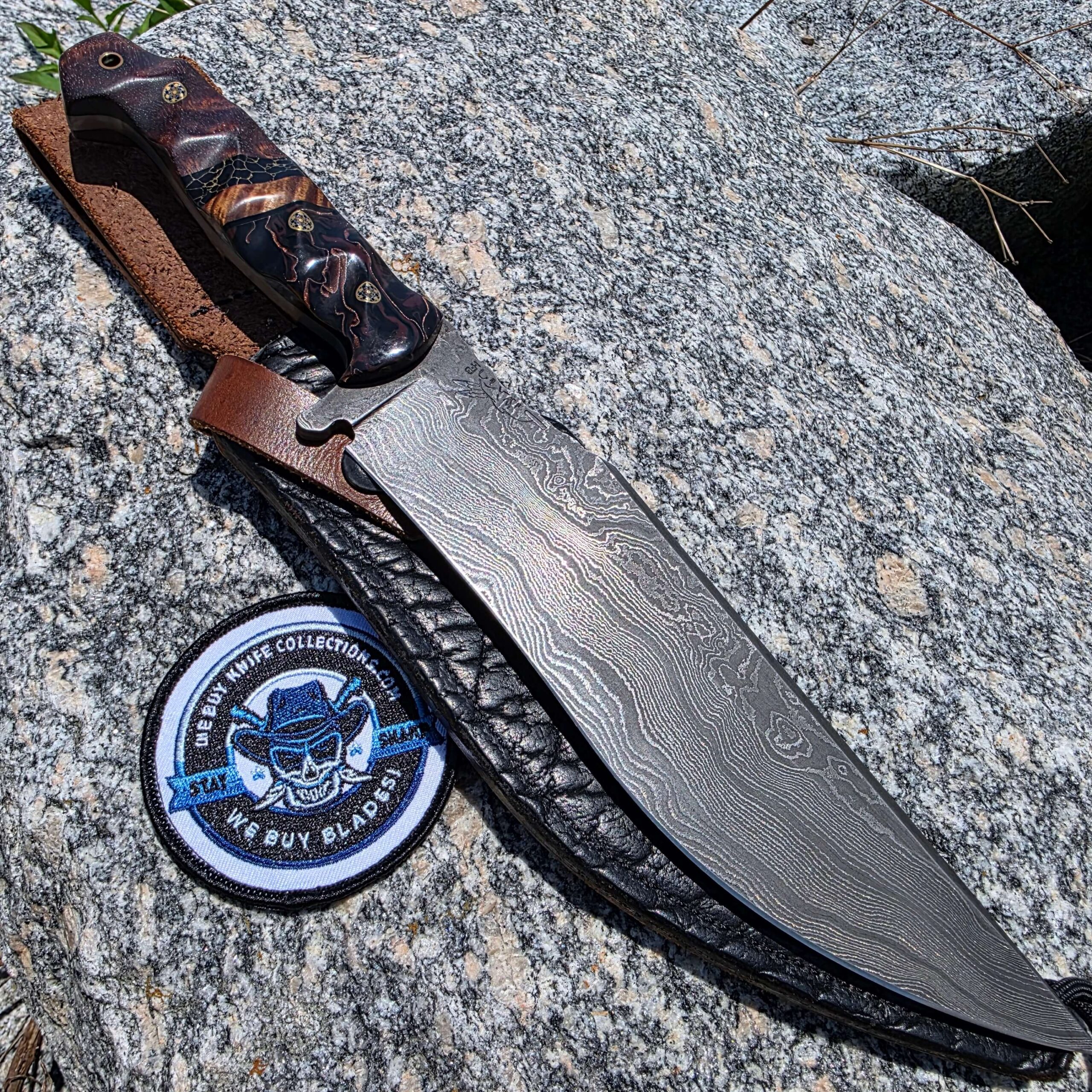 Half Face Blades Charity Bowie with Damascus blade and Raffir koa handle