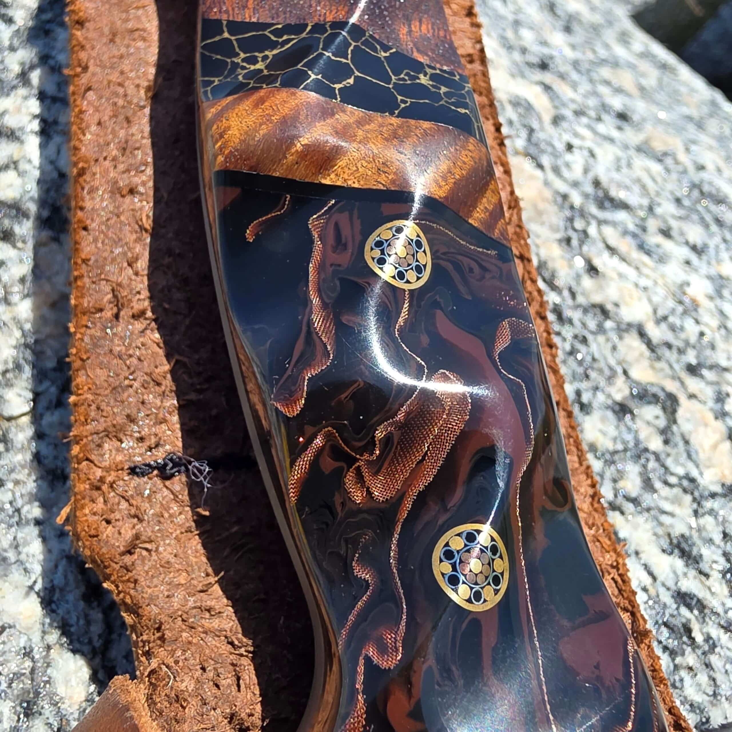 Half Face Blades Charity Bowie brass copper black mosaic pin detail
