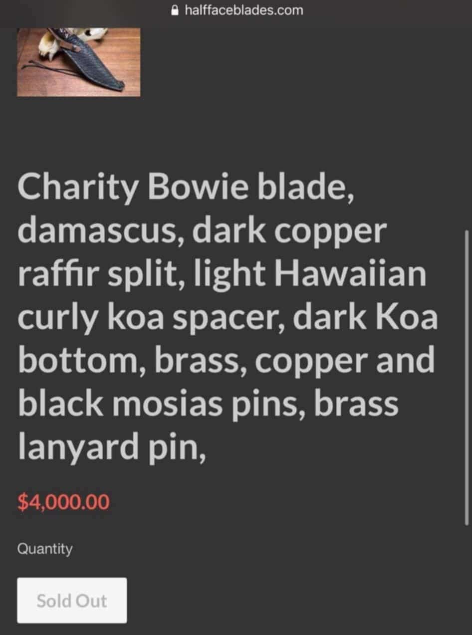 Half Face Blades Charity Bowie provenance screenshot showing original $4,000 purchase price