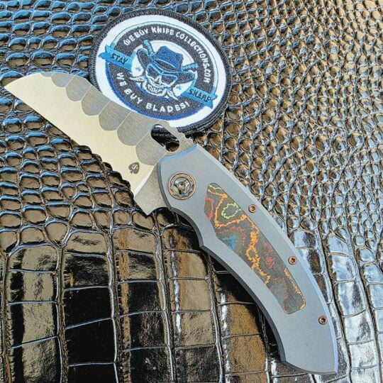 JKK Customs Clever Gurl XL open with rock ground MagnaCut blade and 80s camo inlay