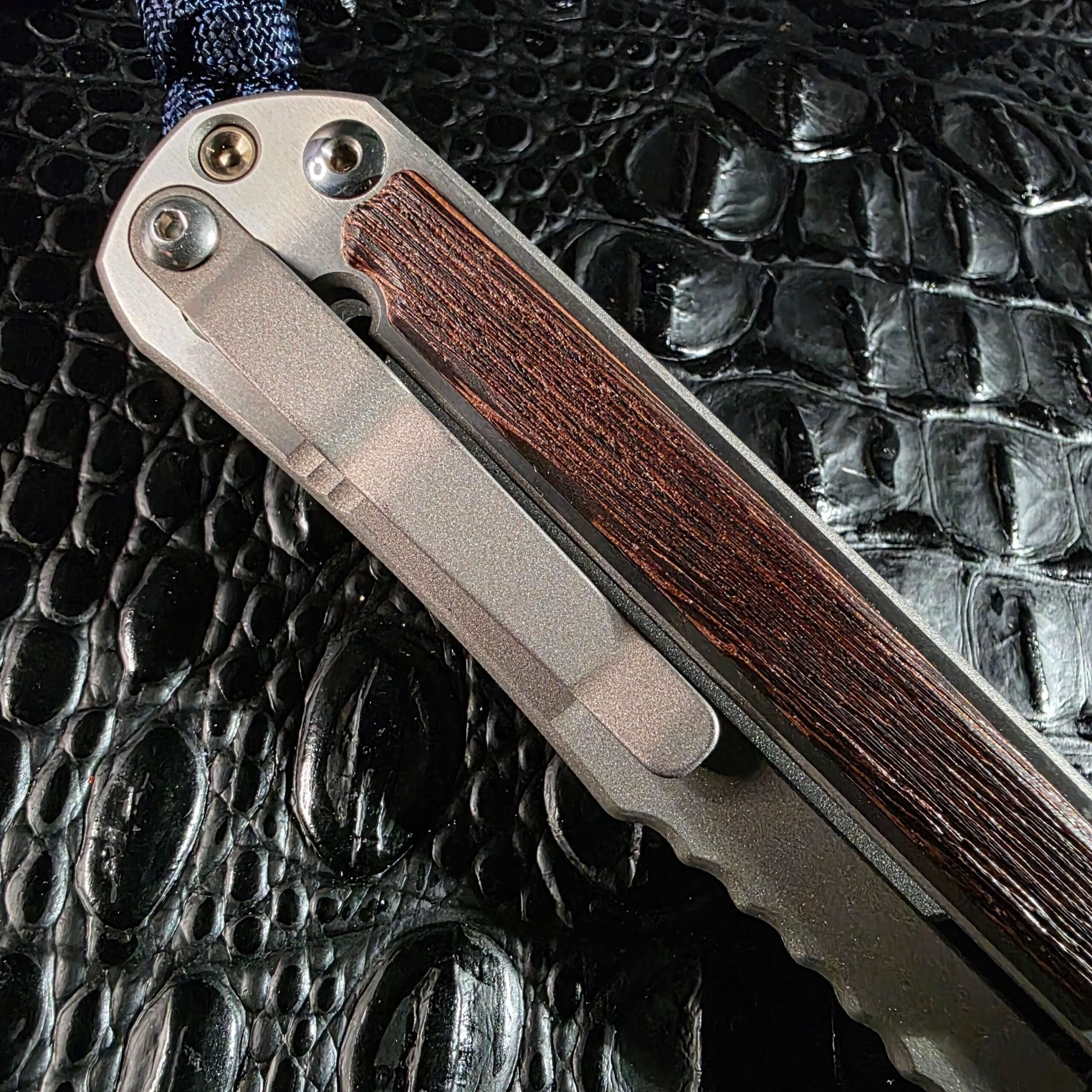 Angled closed clip side of the Chris Reeve Large Sebenza 2011 Edition with pocket clip