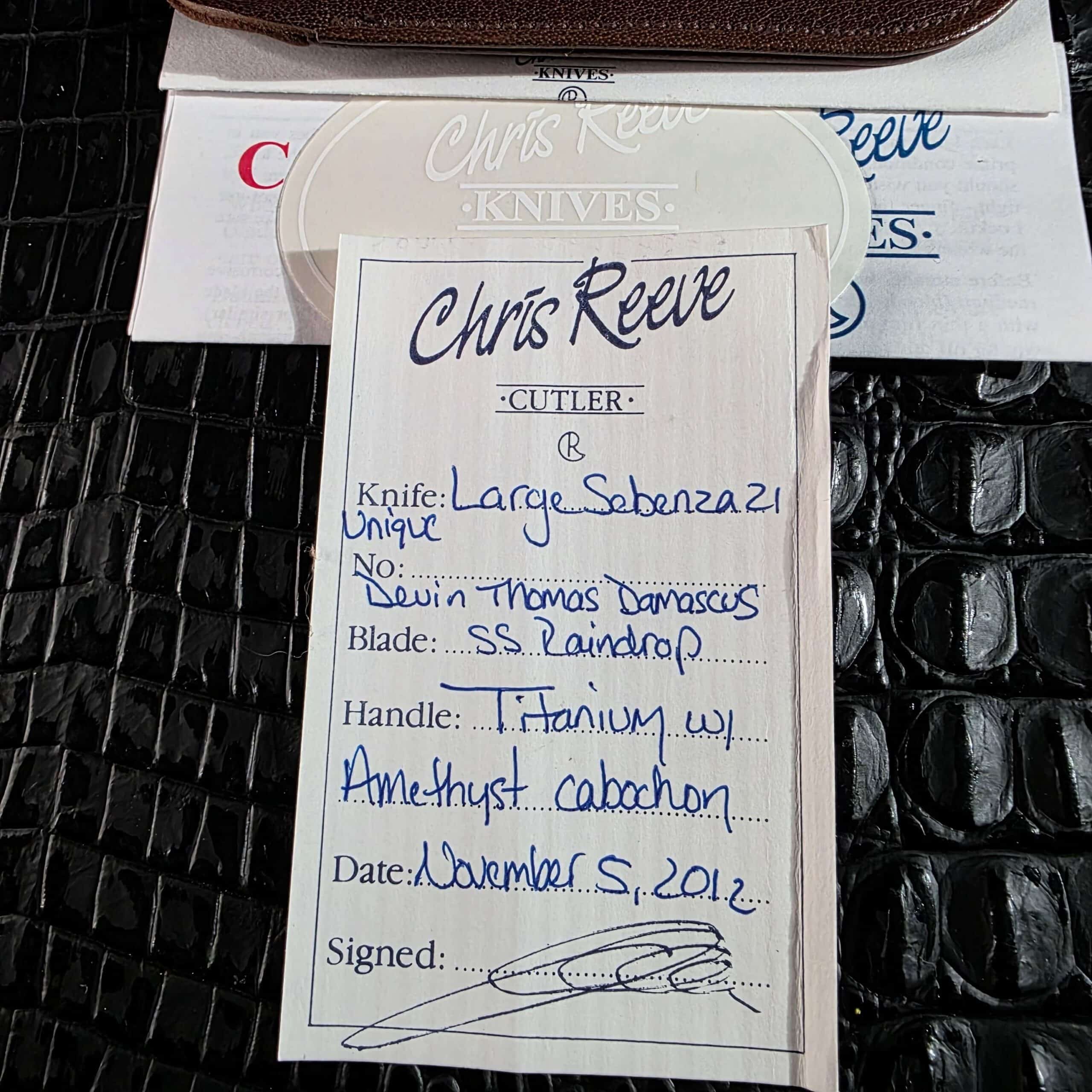 Signed Chris Reeve birth certificate for Large Sebenza 21 Unique dated November 5 2012
