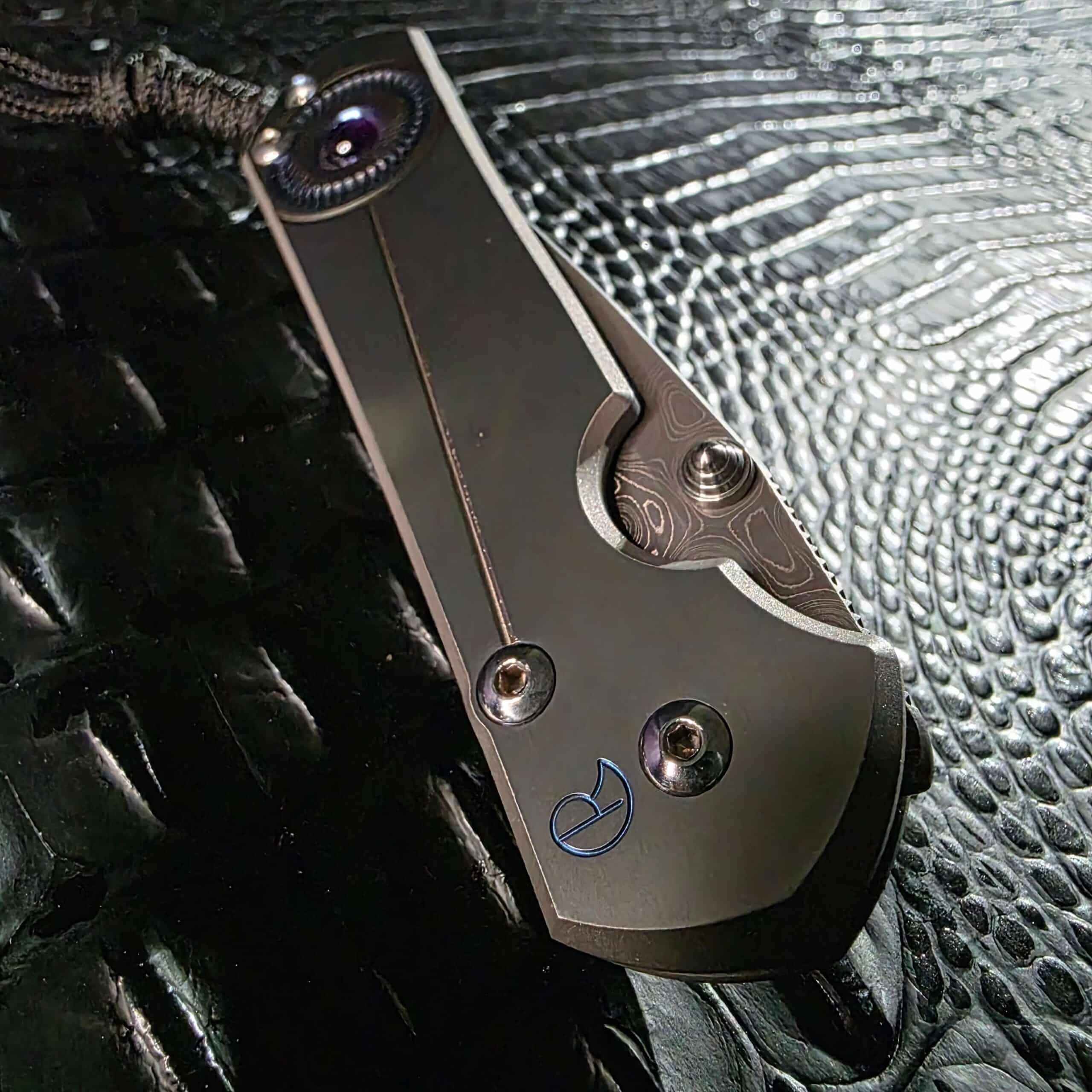Blue Chris Reeve Knives logo engraved on titanium Sebenza 21 handle