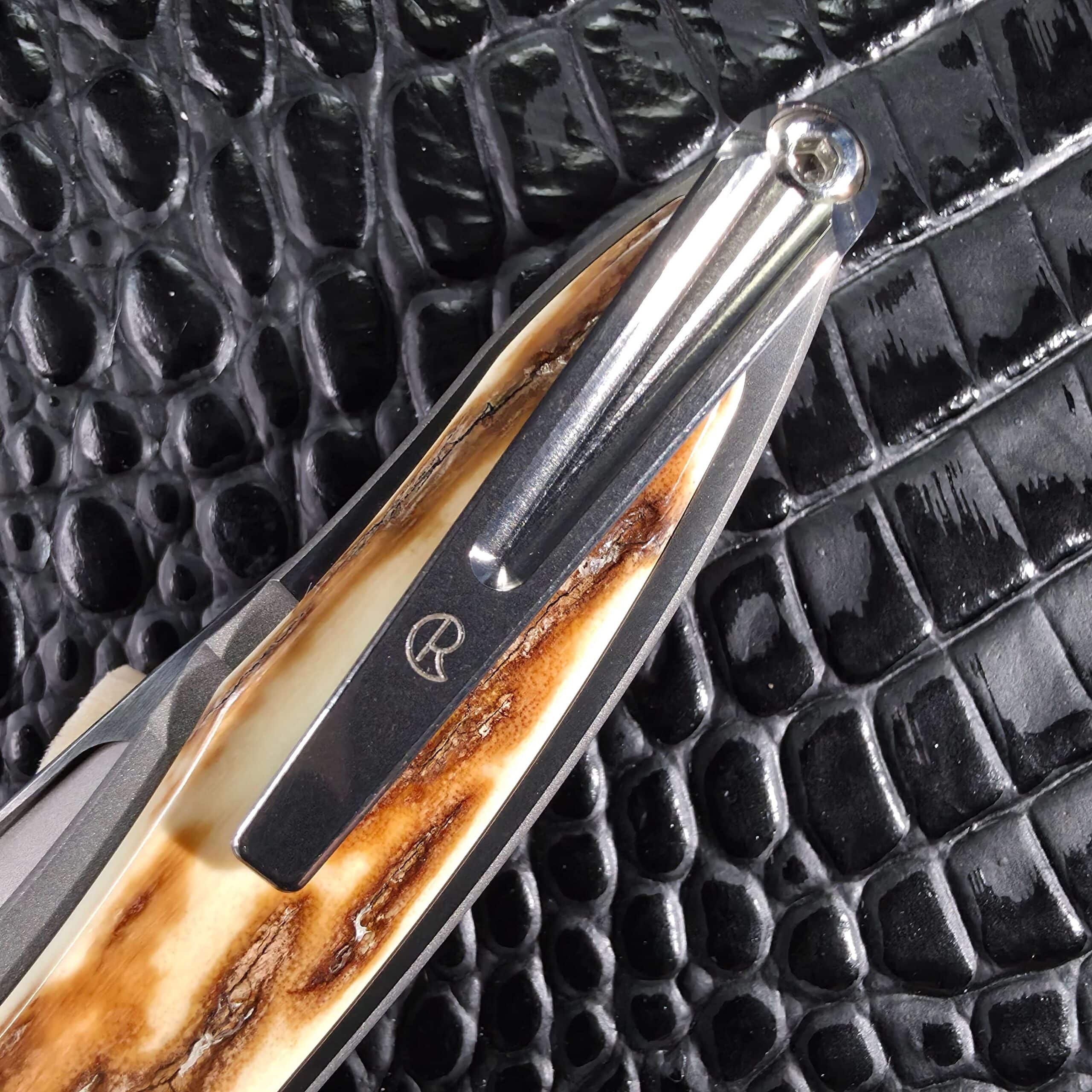 Machined titanium pocket clip with Chris Reeve logo on the Mnandi