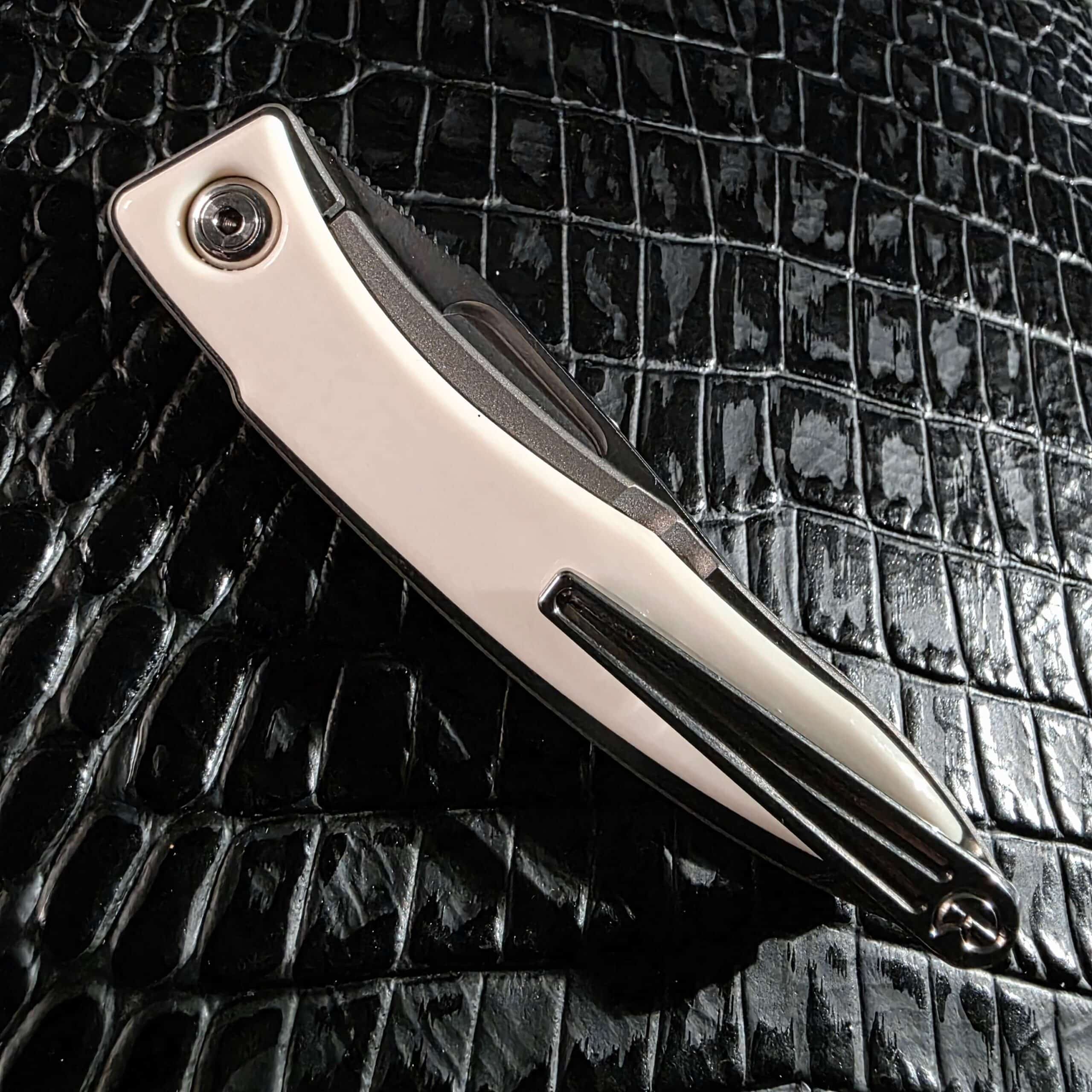 Closed clip side of the Chris Reeve Mnandi with the machined titanium pocket clip over the second ivory inlay