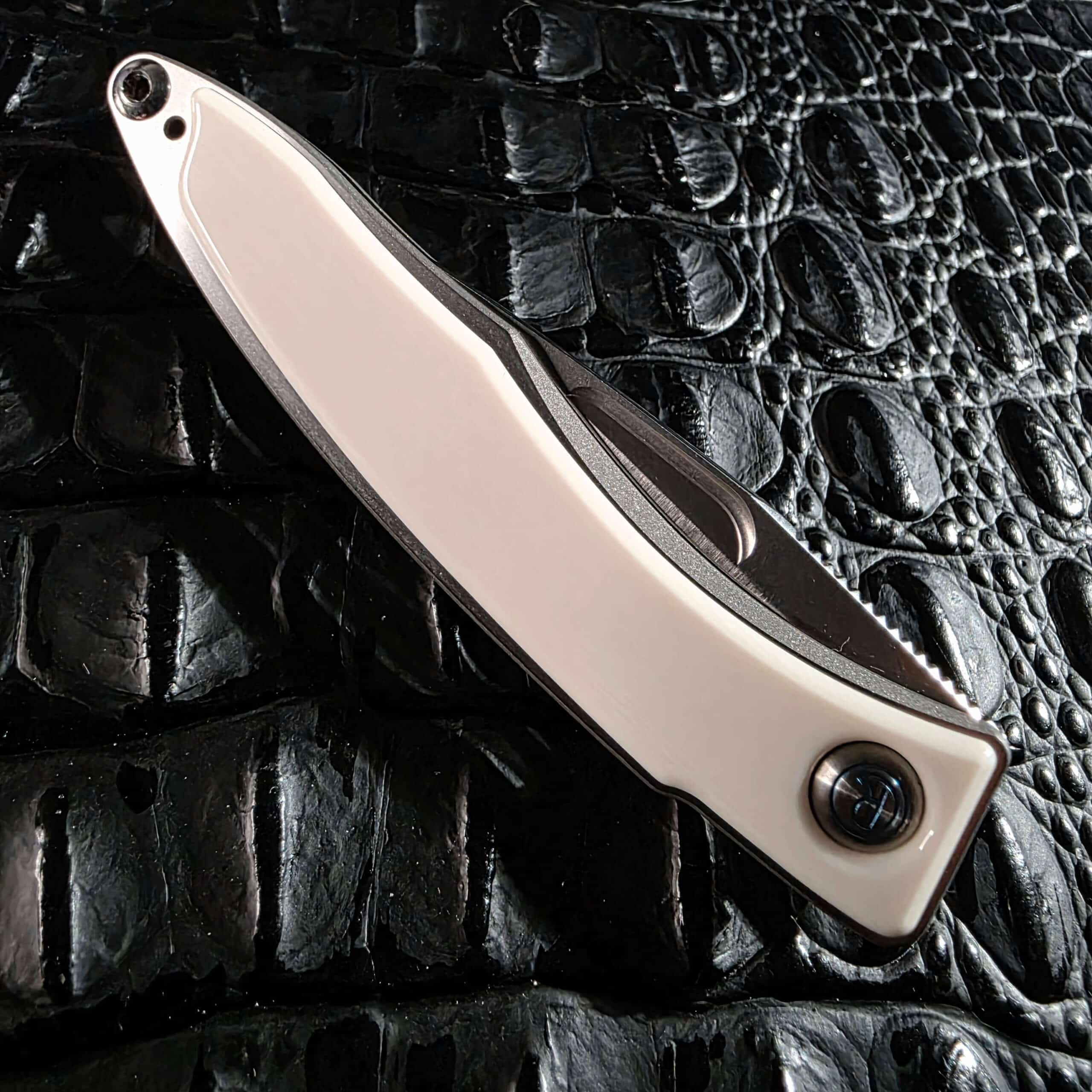 Closed Chris Reeve Mnandi showing how the S35VN blade nests within the titanium frame beside the ivory inlay