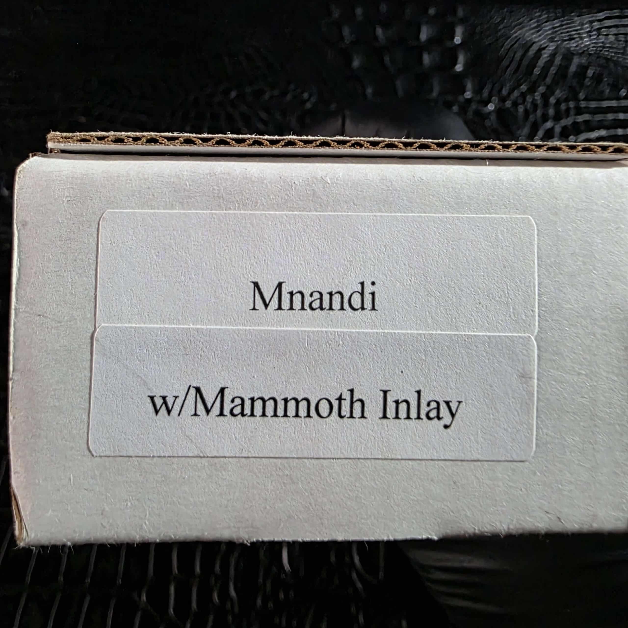 Original Chris Reeve box end label reading Mnandi with Mammoth Inlay