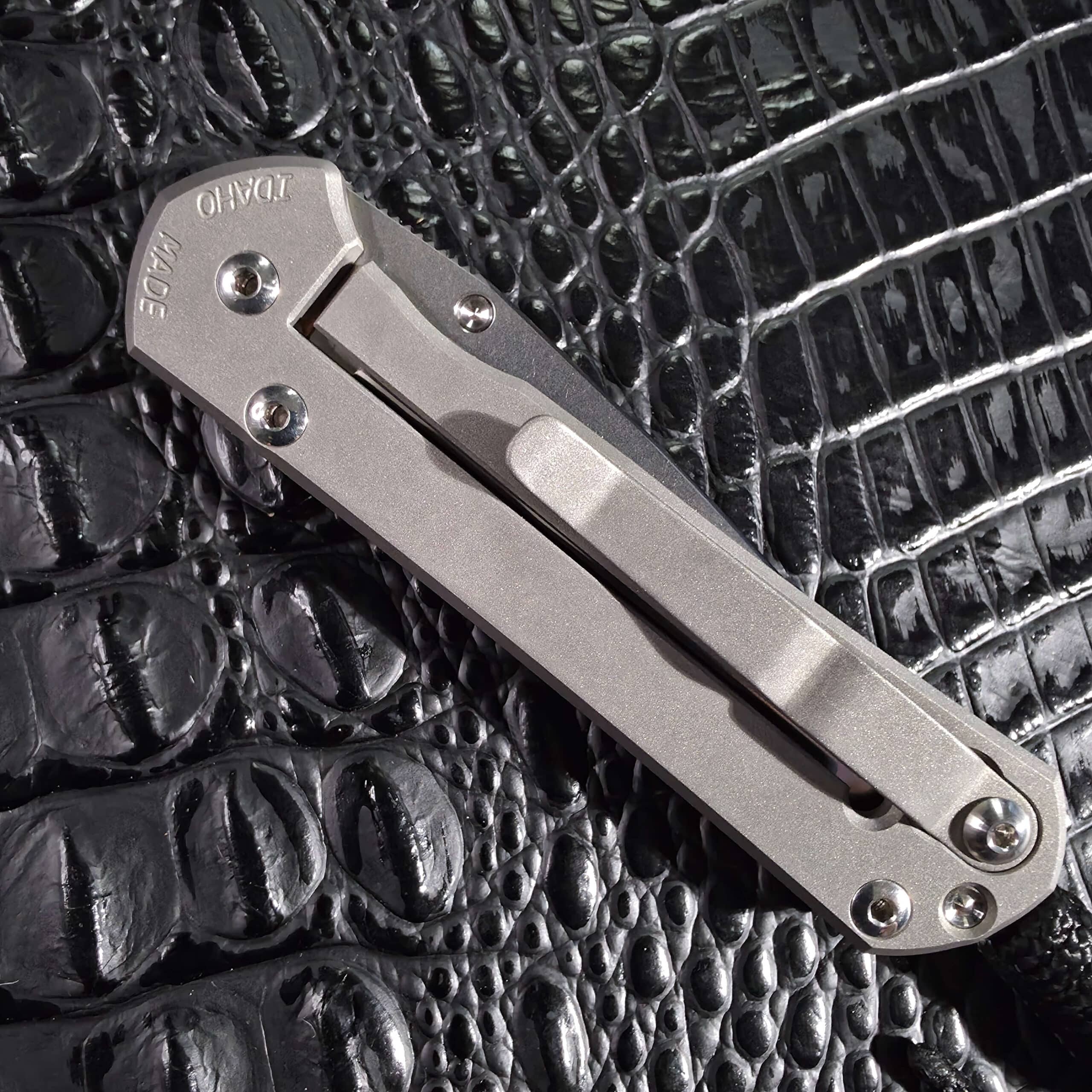 Bead blast lock side of the Chris Reeve Small Sebenza 21 with titanium clip and Idaho marking